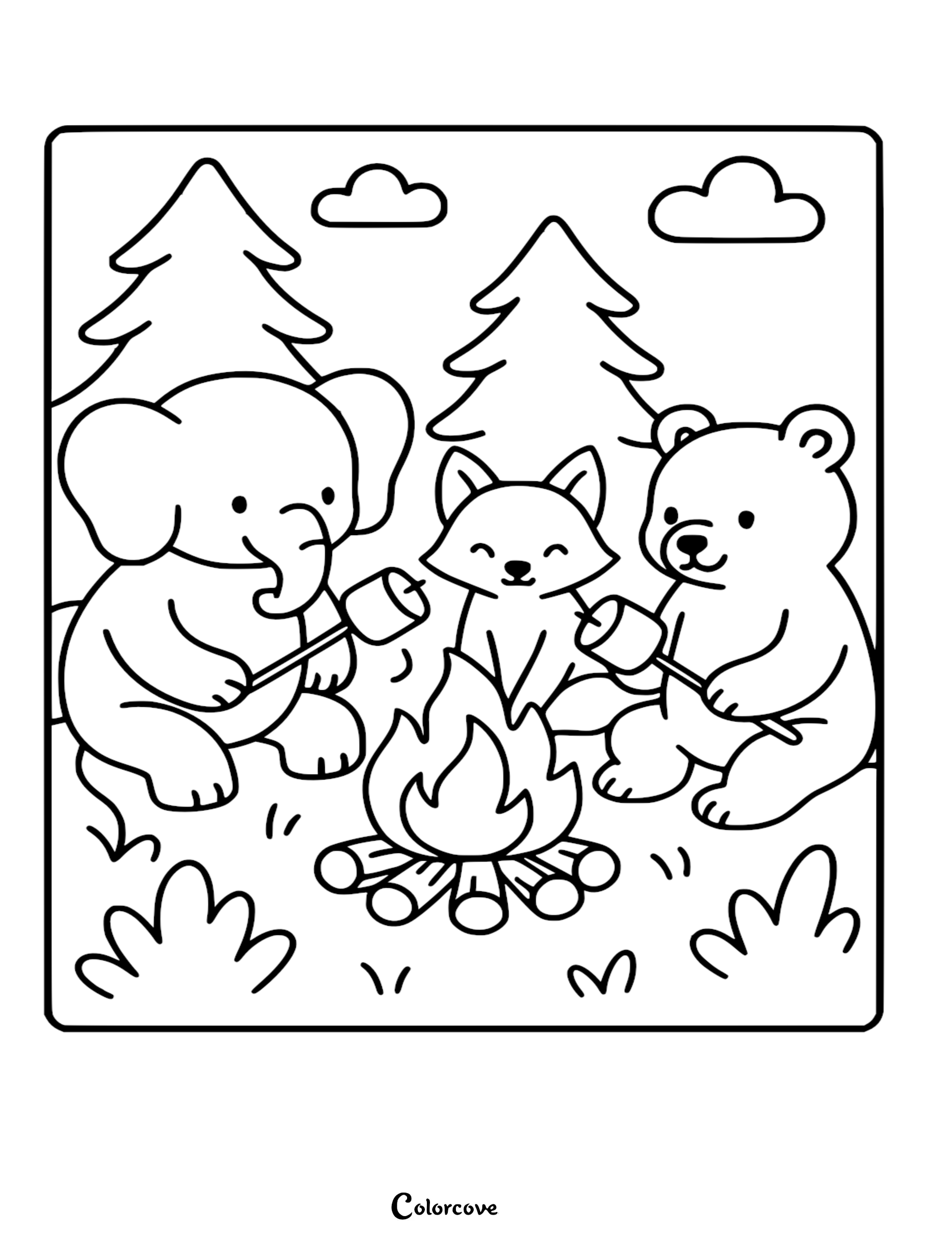 A cute elephant, a fox, and a bear roasting marshmallows over a campfire in a forest coloring page.