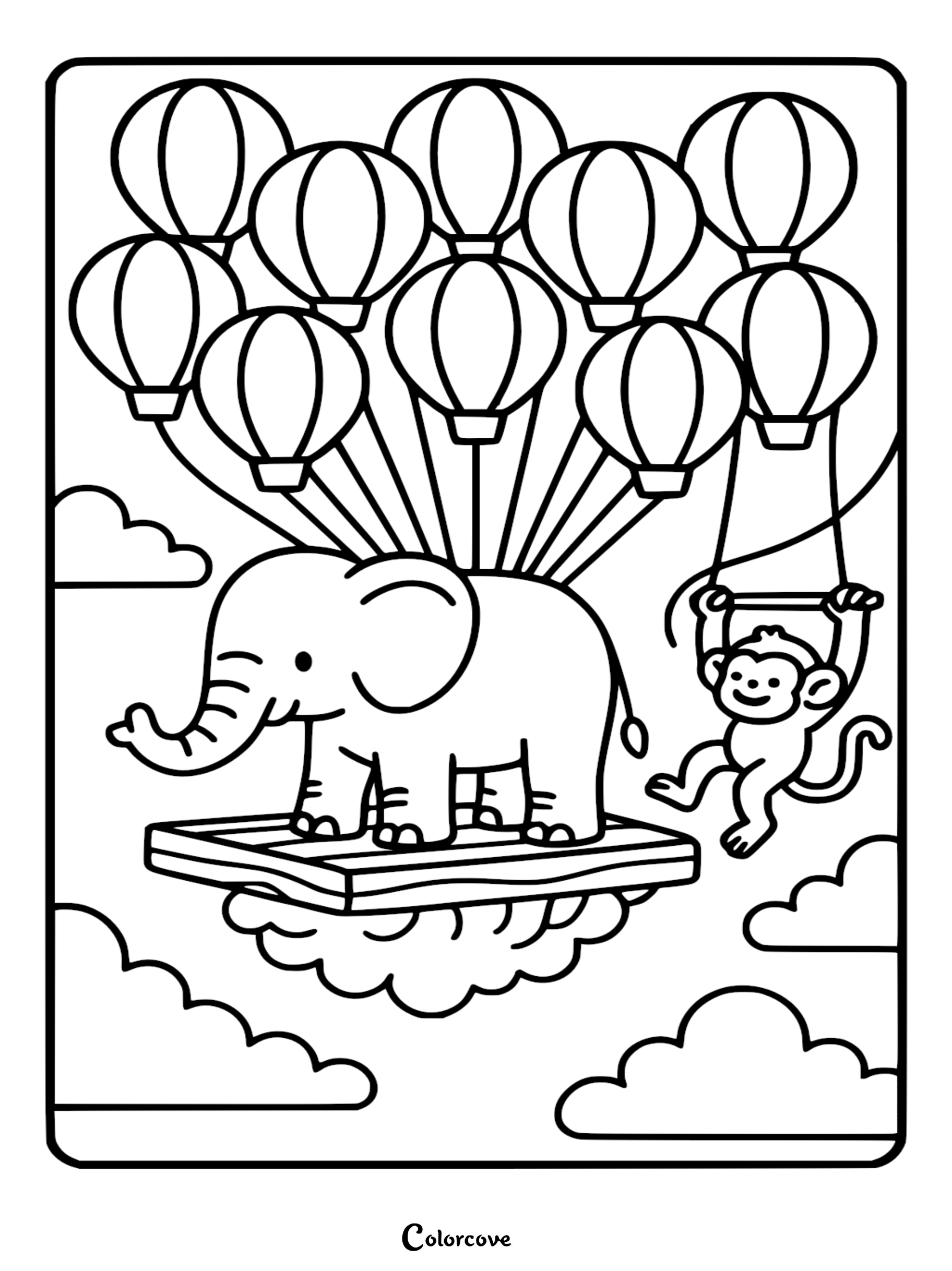 A cute elephant standing on a wooden platform and a monkey hanging from a trapeze bar, both lifted by a cluster of hot air balloons in this printable coloring page.