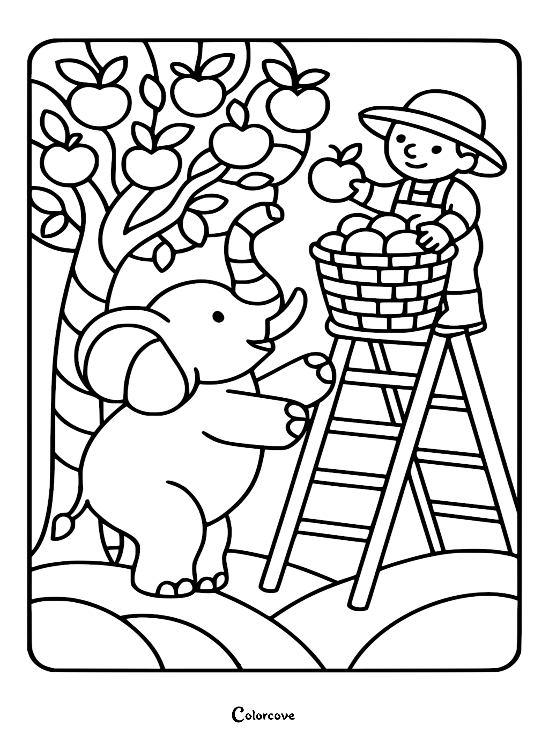 A cute elephant standing next to a ladder where a farmer in a straw hat is picking apples from a tree for this printable coloring page.