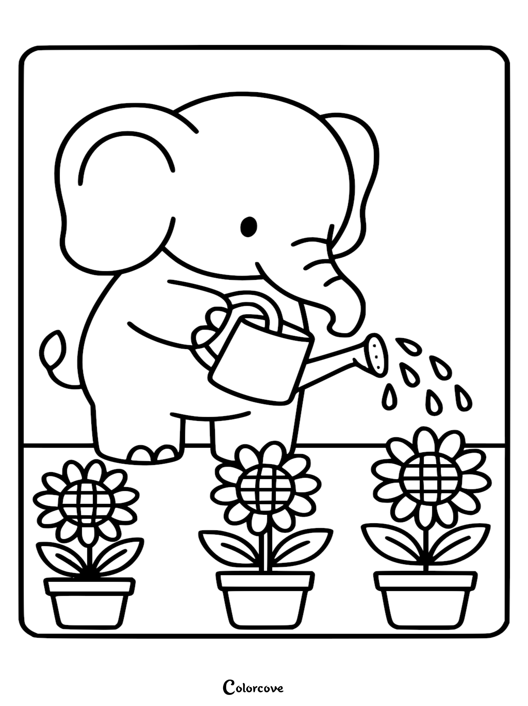 A cute baby elephant holding a watering can to hydrate three potted sunflowers in this printable coloring page.