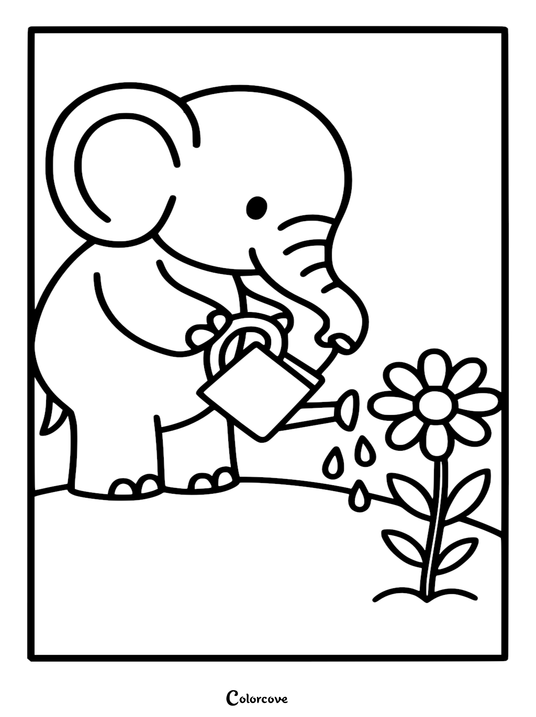 A simple line art coloring page of a cute baby elephant holding a small watering can and watering a single daisy flower.