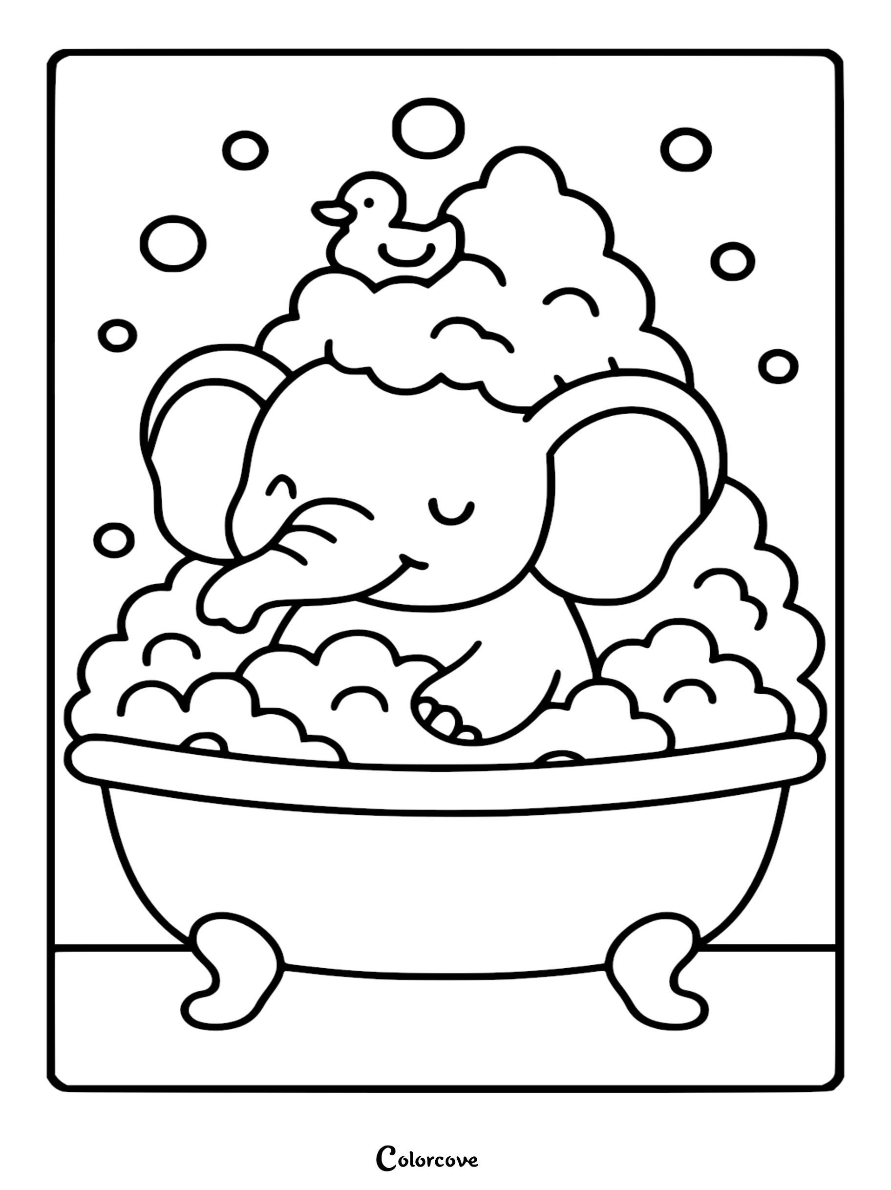 A cute baby elephant sitting in a clawfoot bathtub filled with soap bubbles and a rubber ducky on its head, coloring page.