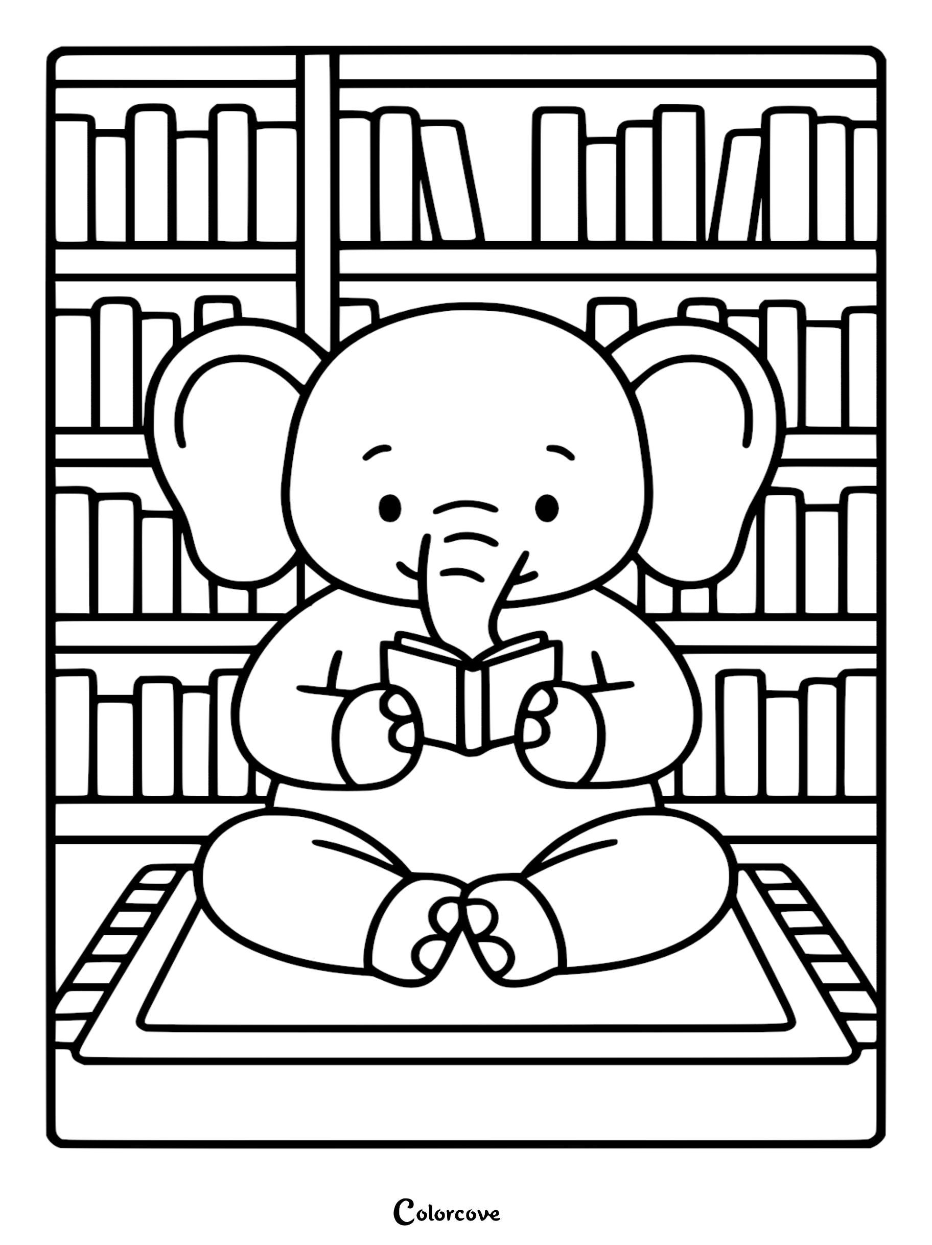 A cute elephant sitting on a rug in a library reading a small book, printable coloring page for kids.