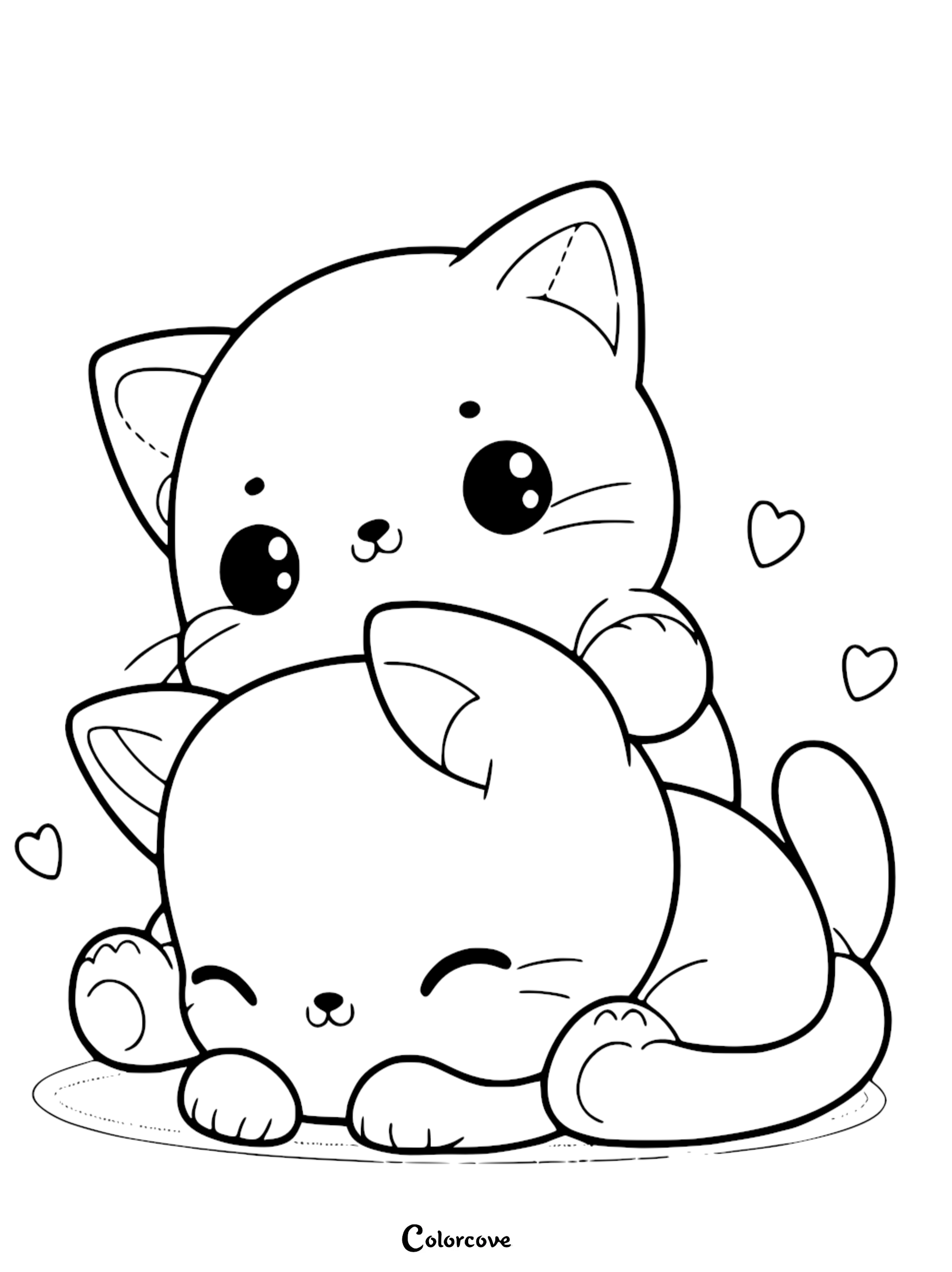 A cute kawaii kittens coloring page featuring two adorable baby cats cuddling with hearts around them for kids.