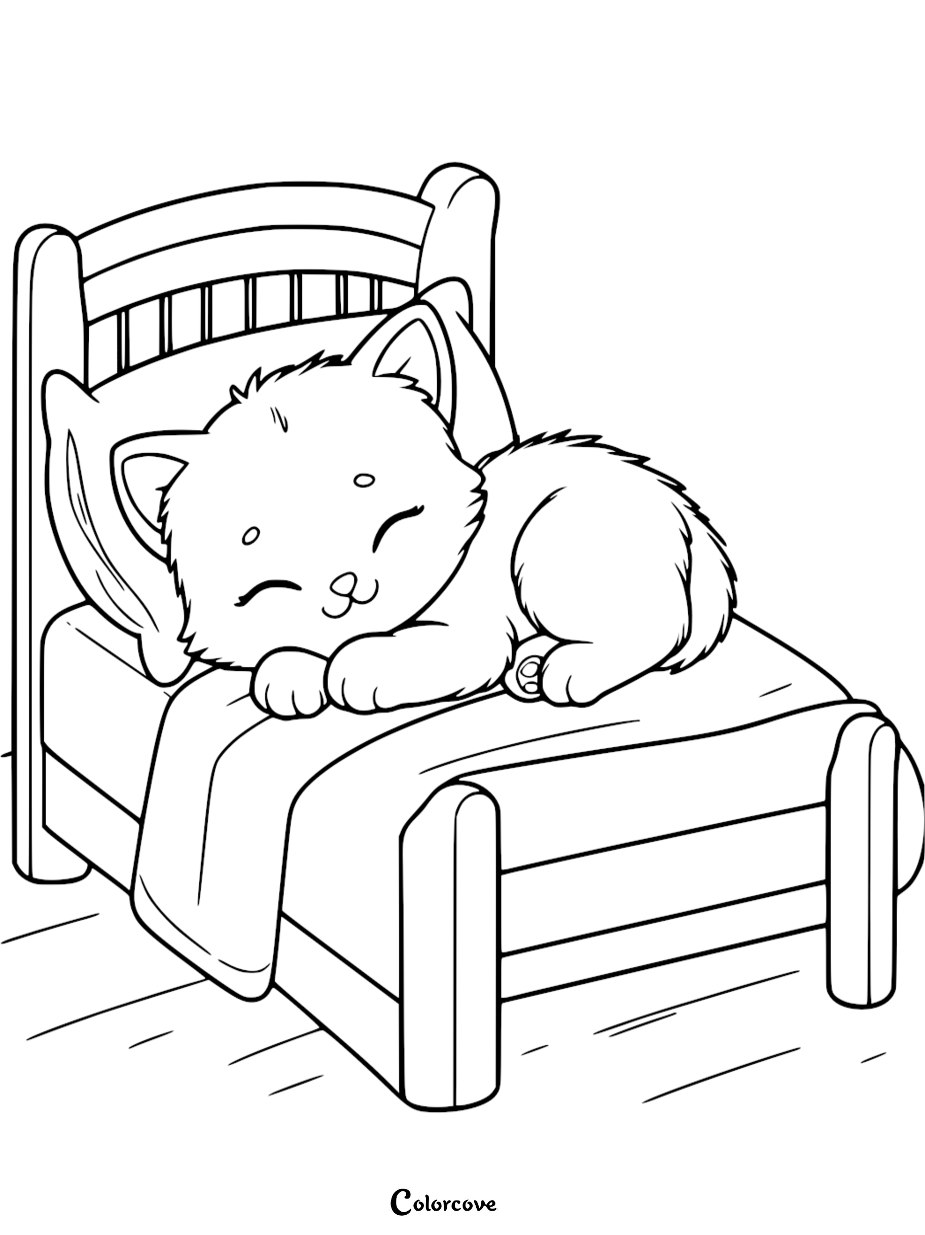 A cute baby kitten sleeping peacefully in a cozy bed with a pillow and blanket, perfect for a kids' animal coloring page.