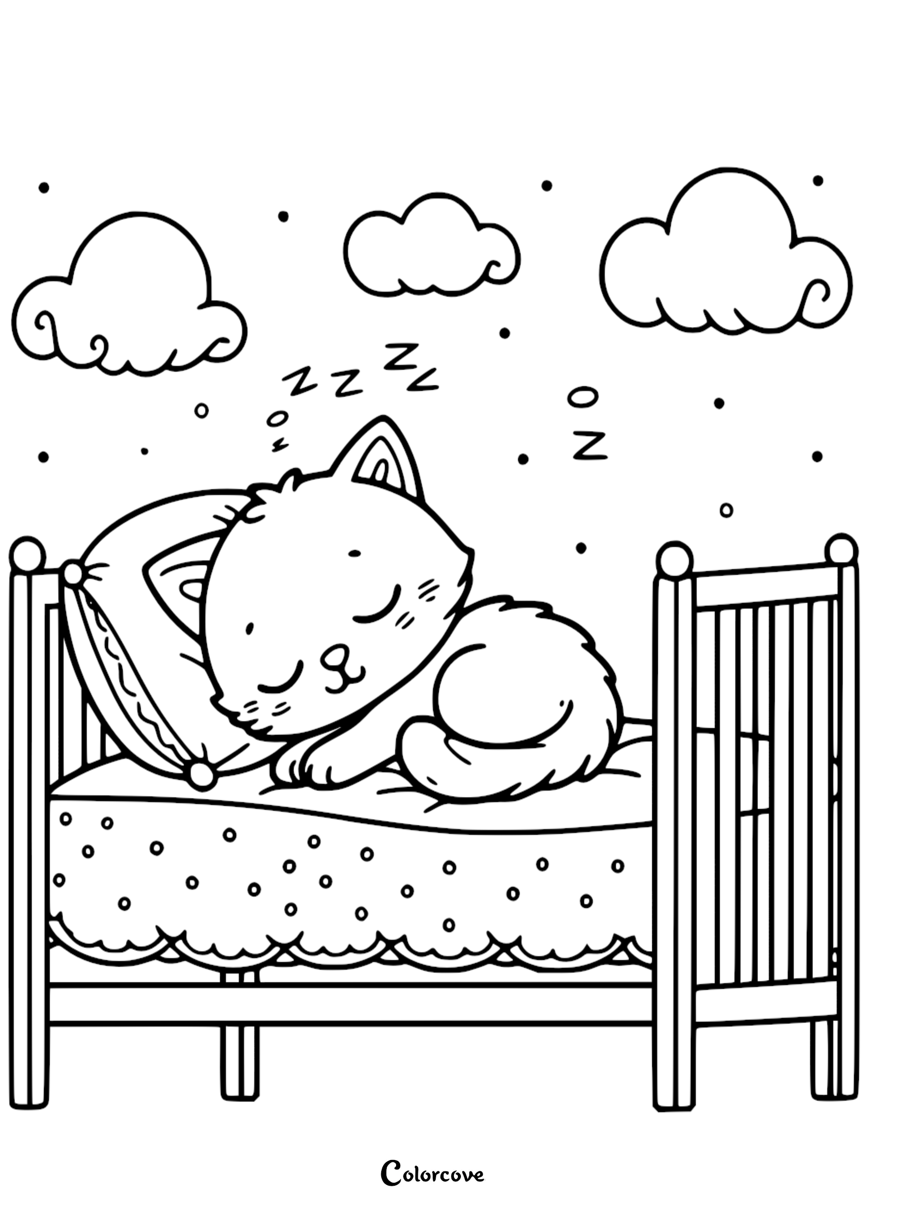 A cute sleeping kitten coloring page for kids featuring a tiny cartoon cat curled up in a cozy bed under fluffy clouds and night stars.