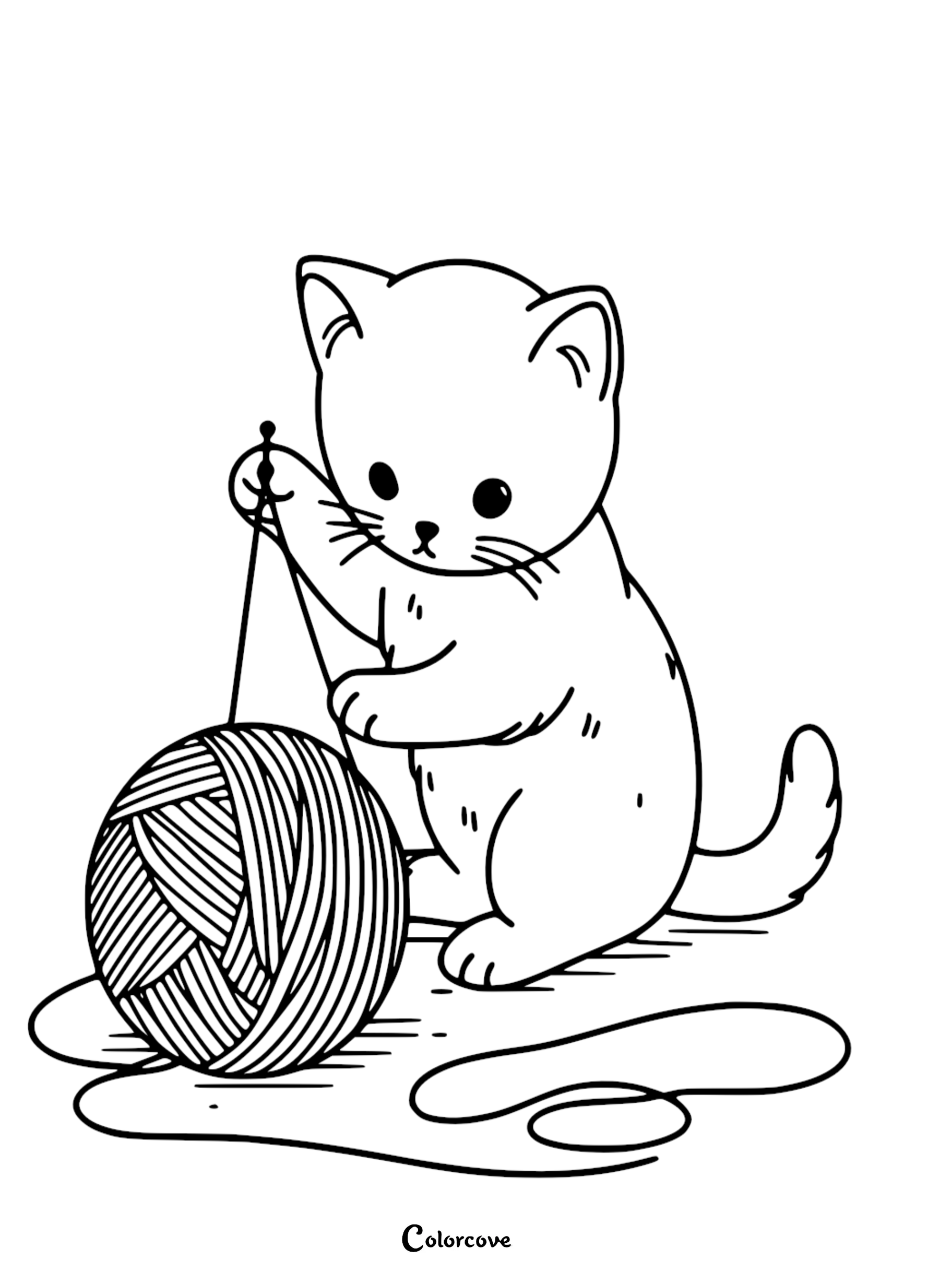 A simple black and white line art coloring page of an adorable kitten playing with a ball of yarn for kids.