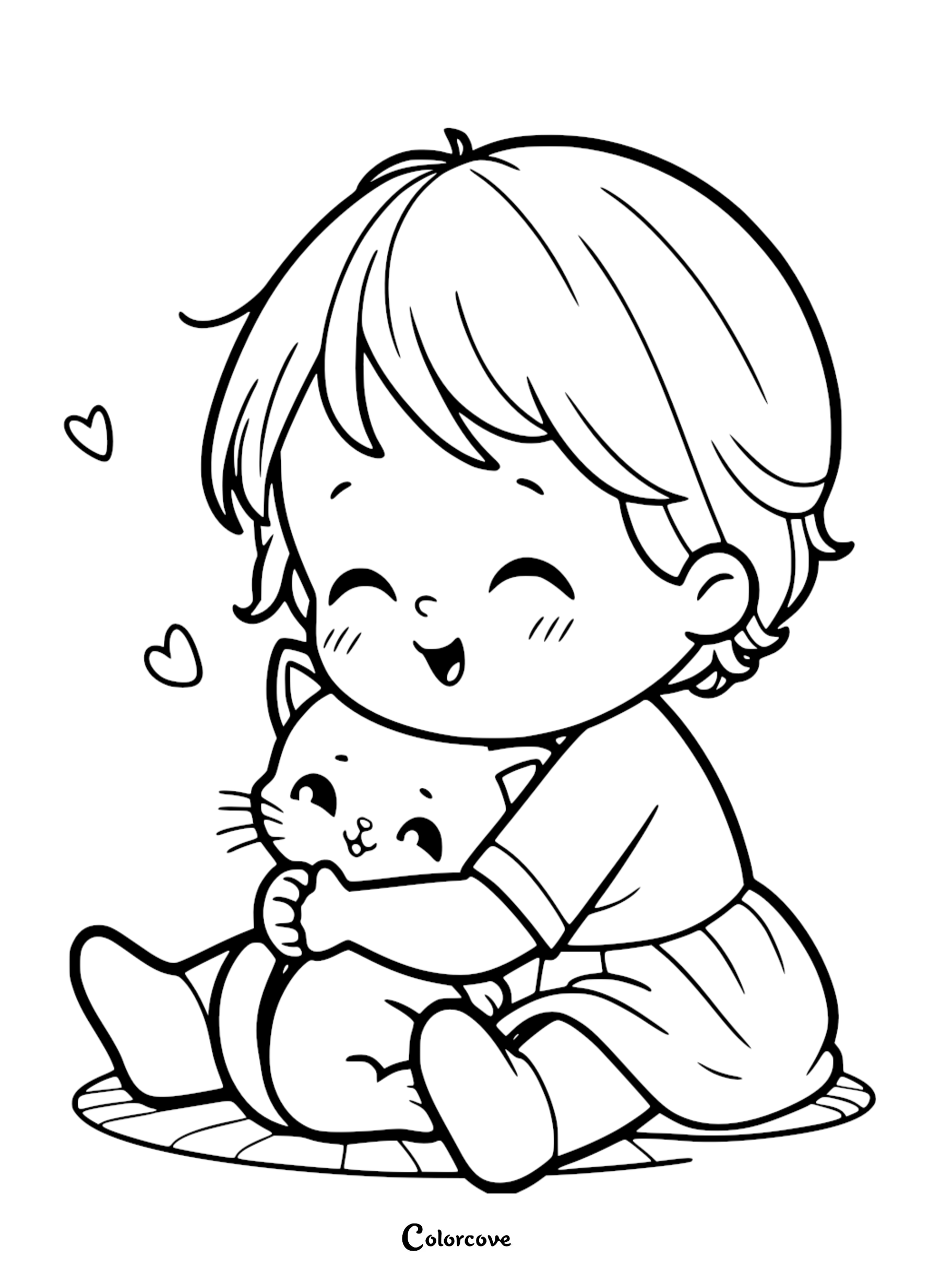 A sweet little girl hugging a cute kitten with floating hearts, easy printable coloring page for toddlers and kids.