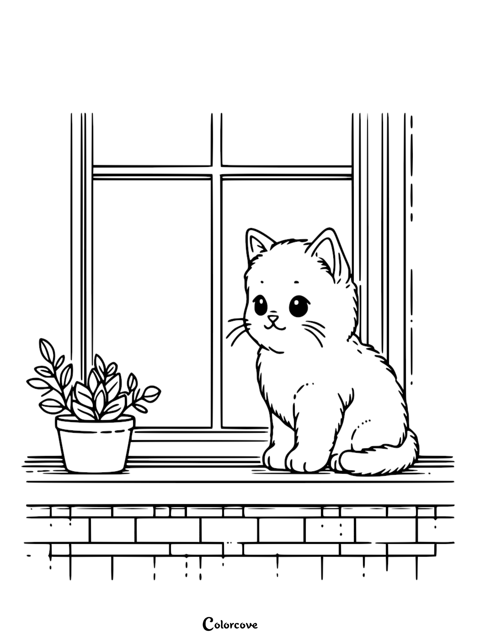 A simple line art drawing of a cute kitten sitting on a windowsill next to a potted plant, designed as a printable coloring page for kids.