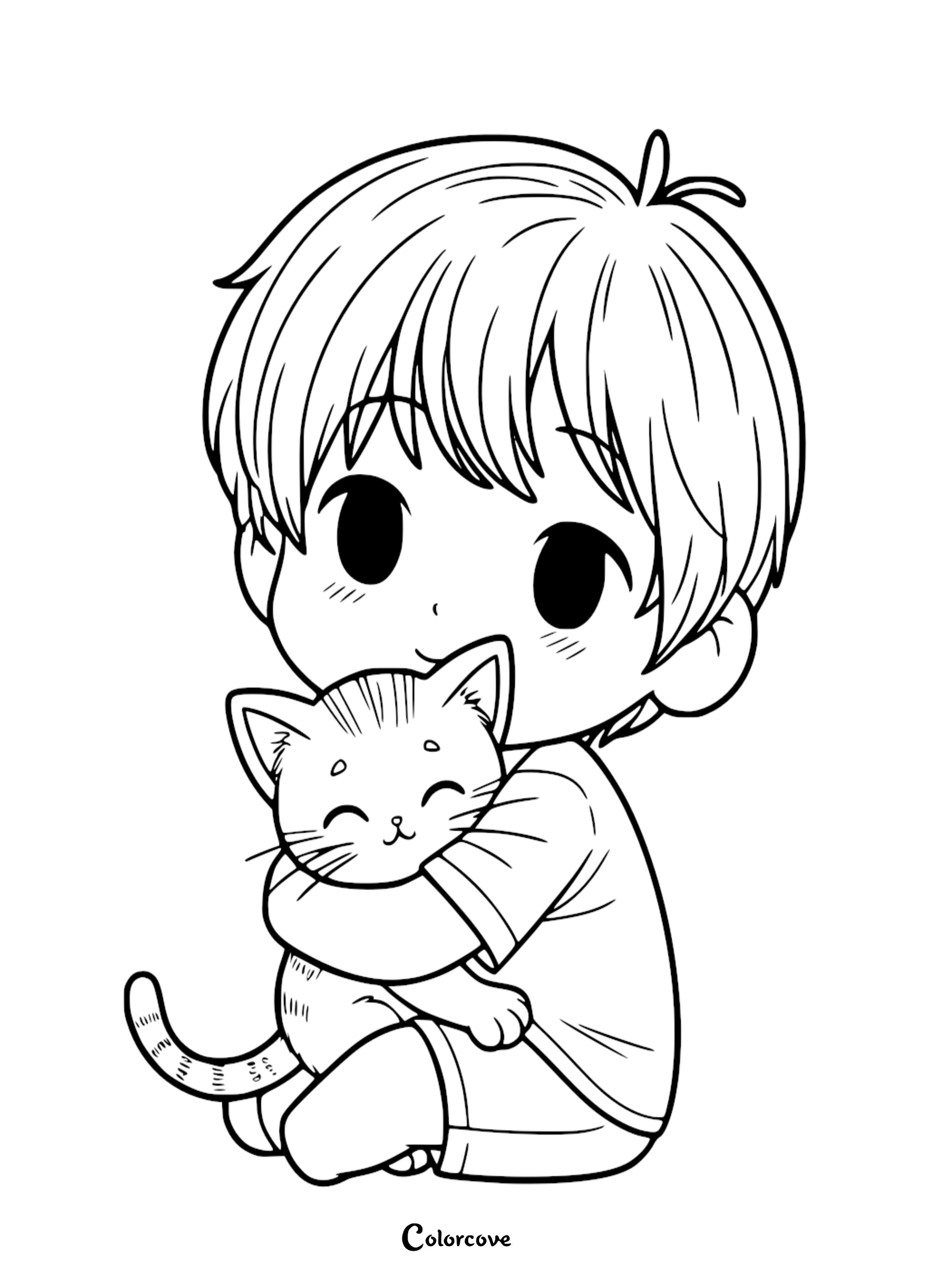 A cute chibi-style anime boy hugging a small smiling kitten coloring page for kids.