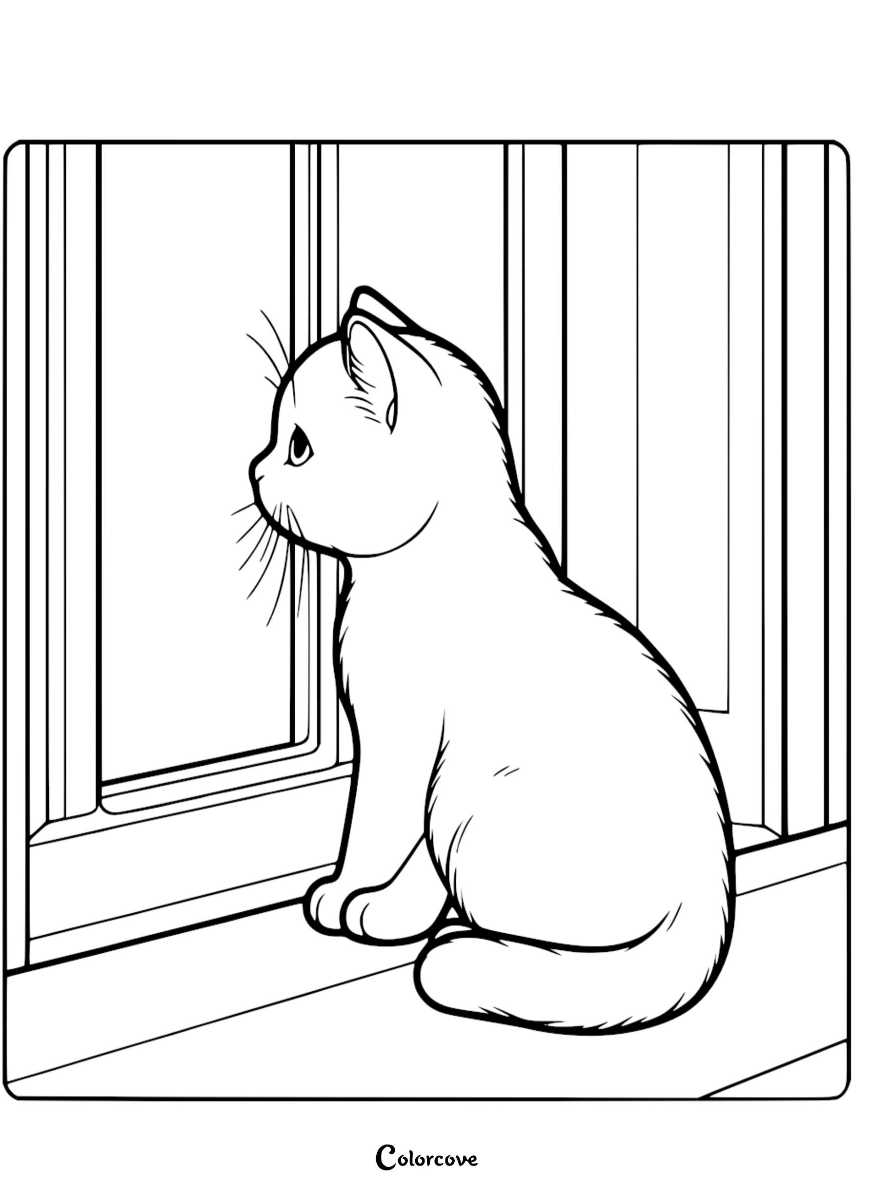 A simple line art coloring page of a cute kitten sitting on a windowsill looking out the window.