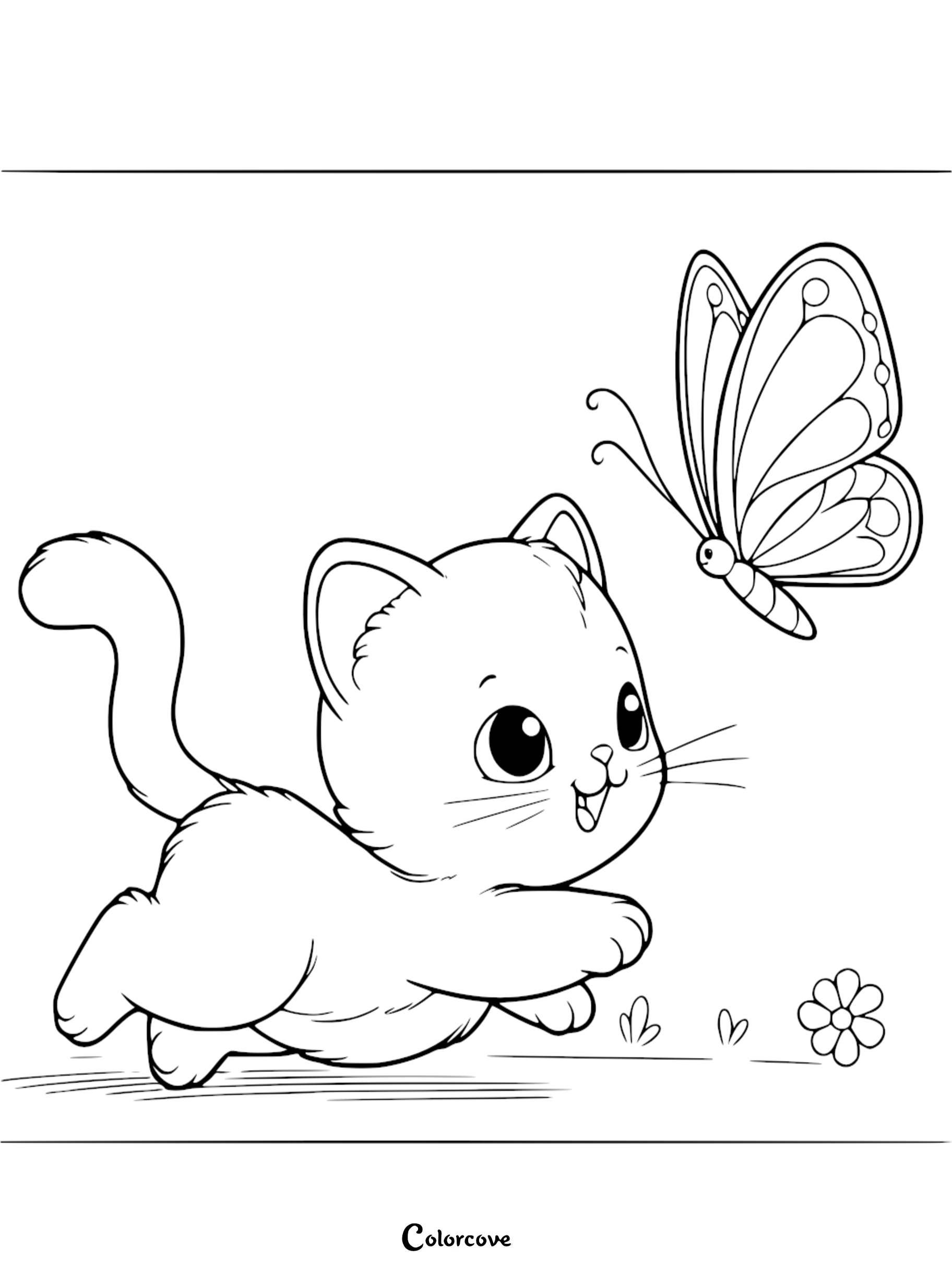 An adorable kitten chasing a beautiful butterfly in a garden, a free printable coloring page for kids.