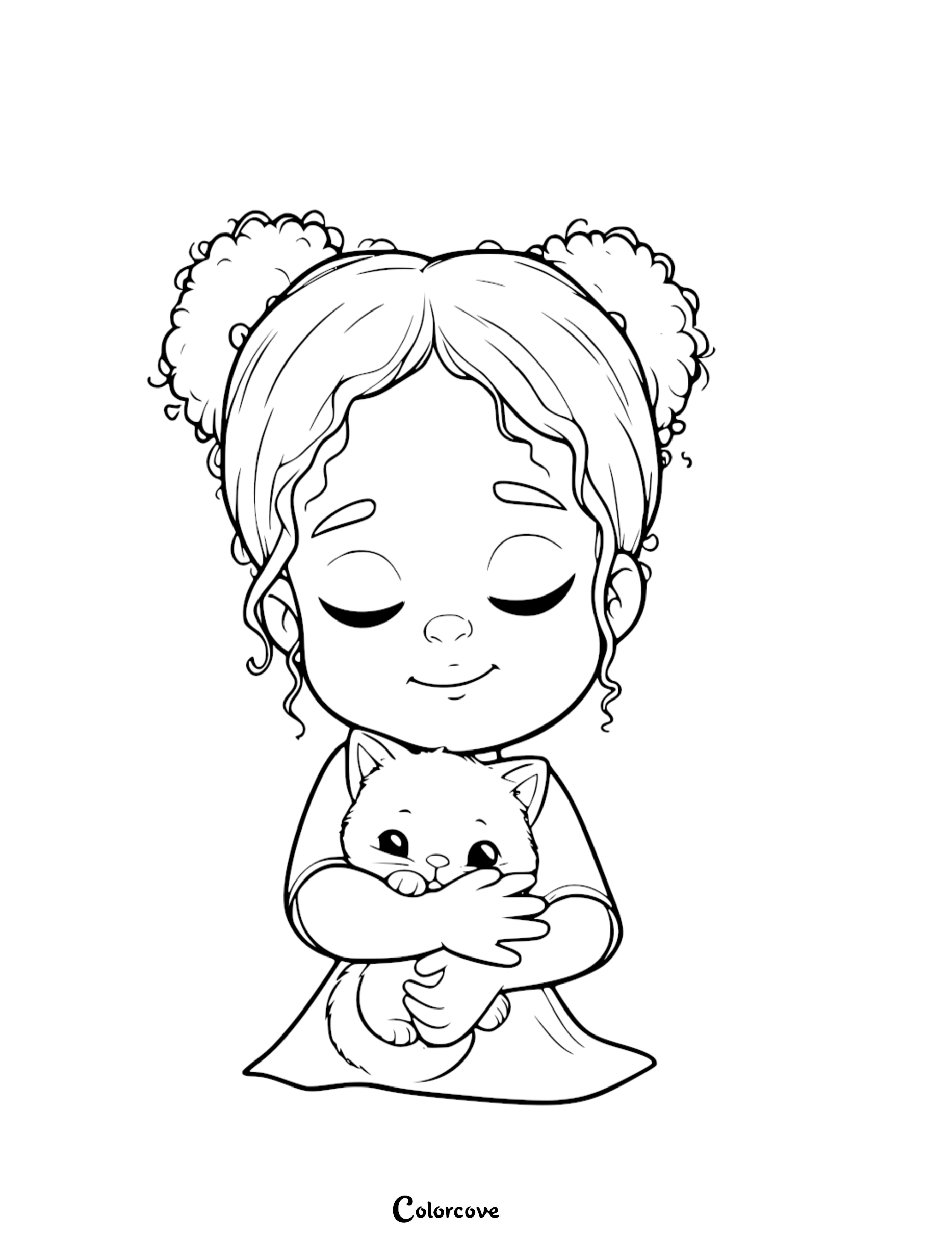 An adorable little girl with curly hair buns hugging a cute kitten coloring page for kids.