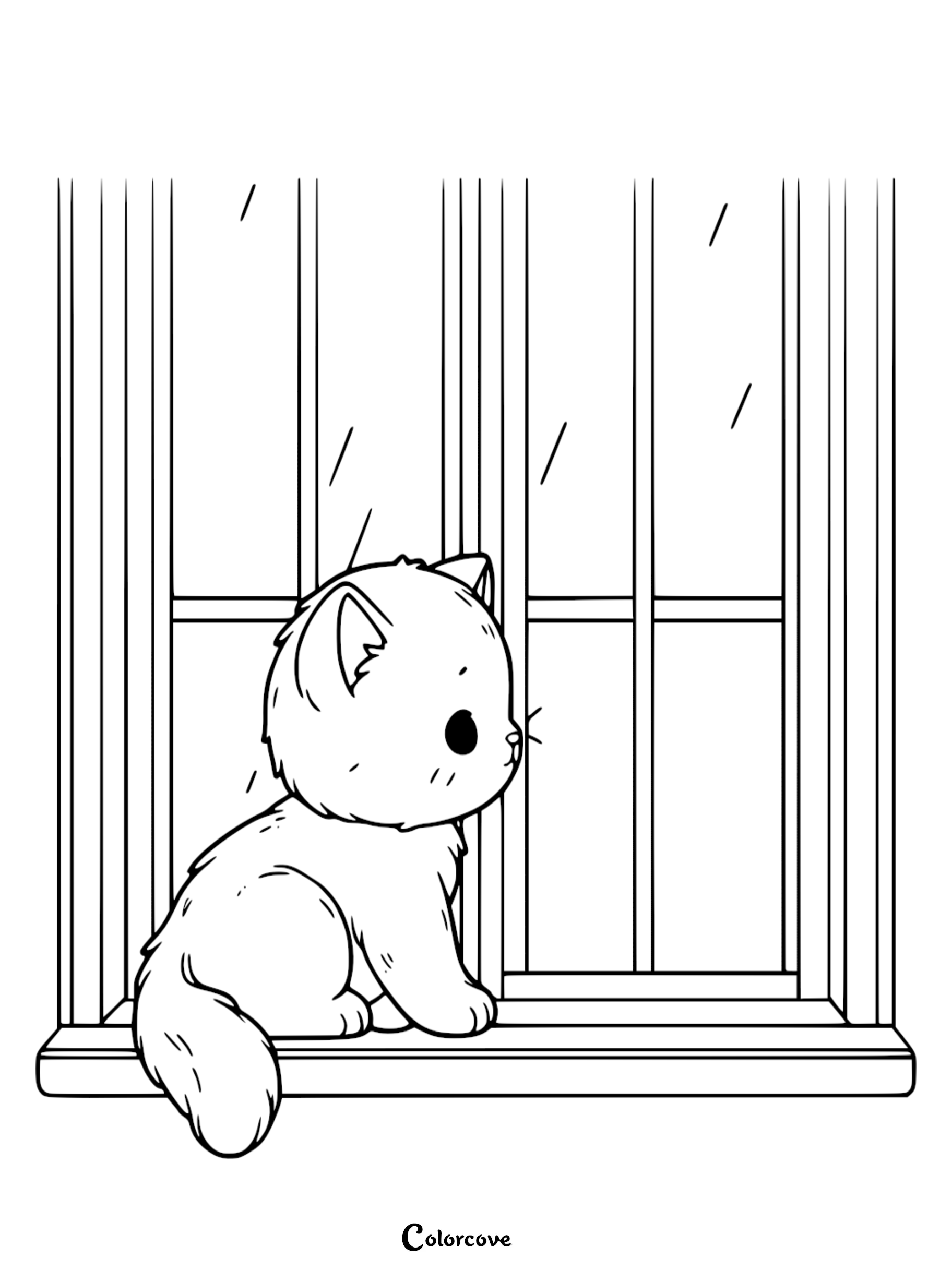 A simple printable coloring page featuring a cute kitten sitting on a windowsill and looking at the rain outside.