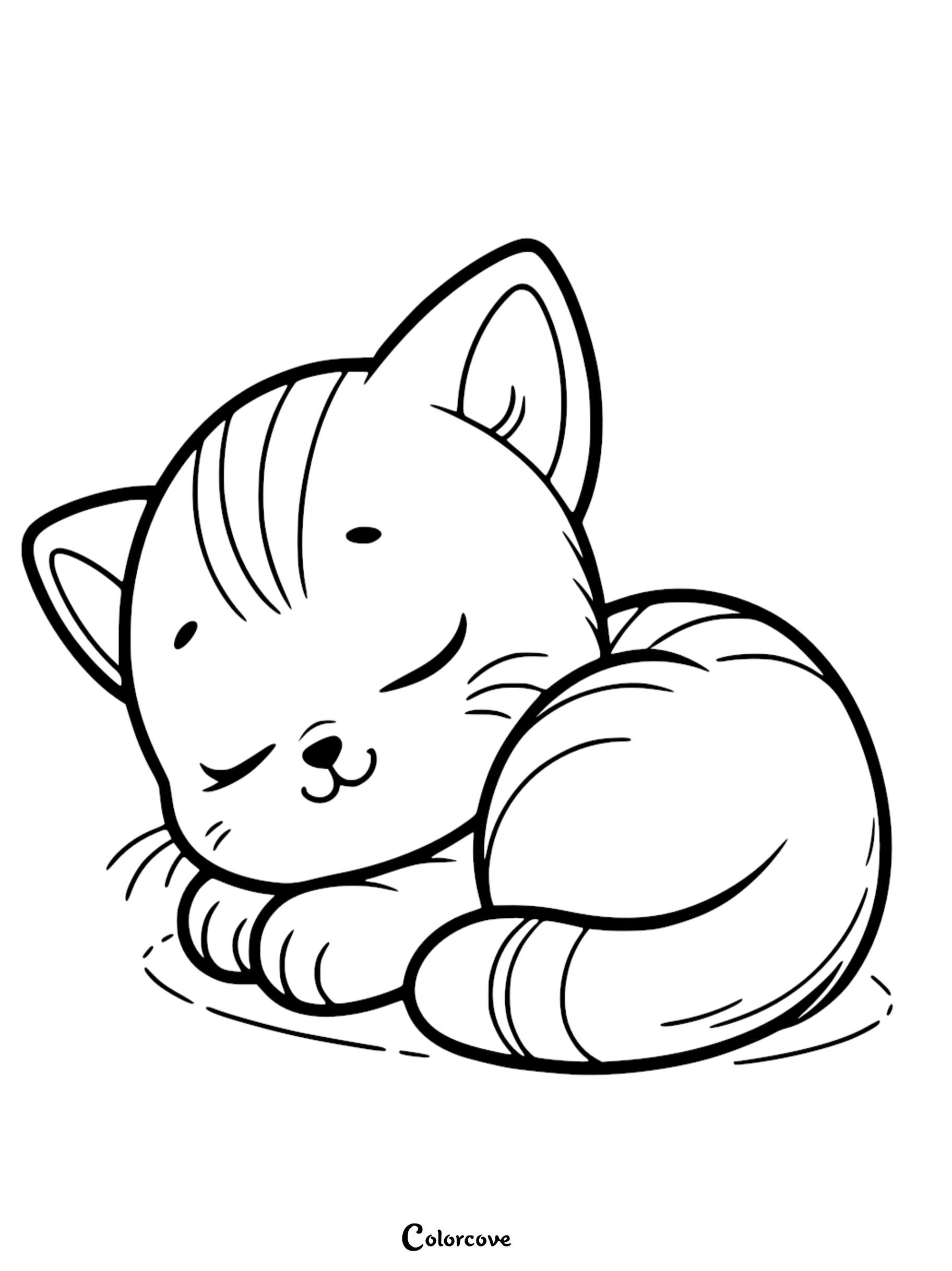 A cute and simple baby kitten sleeping curled up in a ball, ideal for a preschooler's cat coloring page or printable kitten worksheet.
