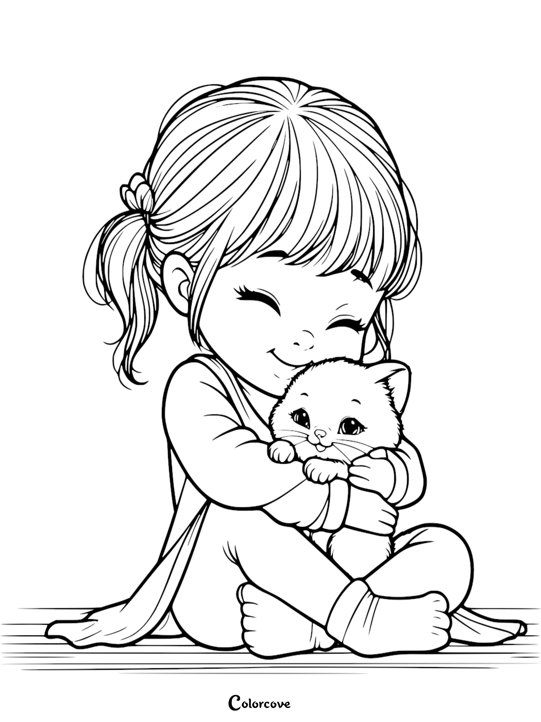An adorable little girl with pigtails hugging a small kitten coloring page for kids, printable cat and child line art illustration.