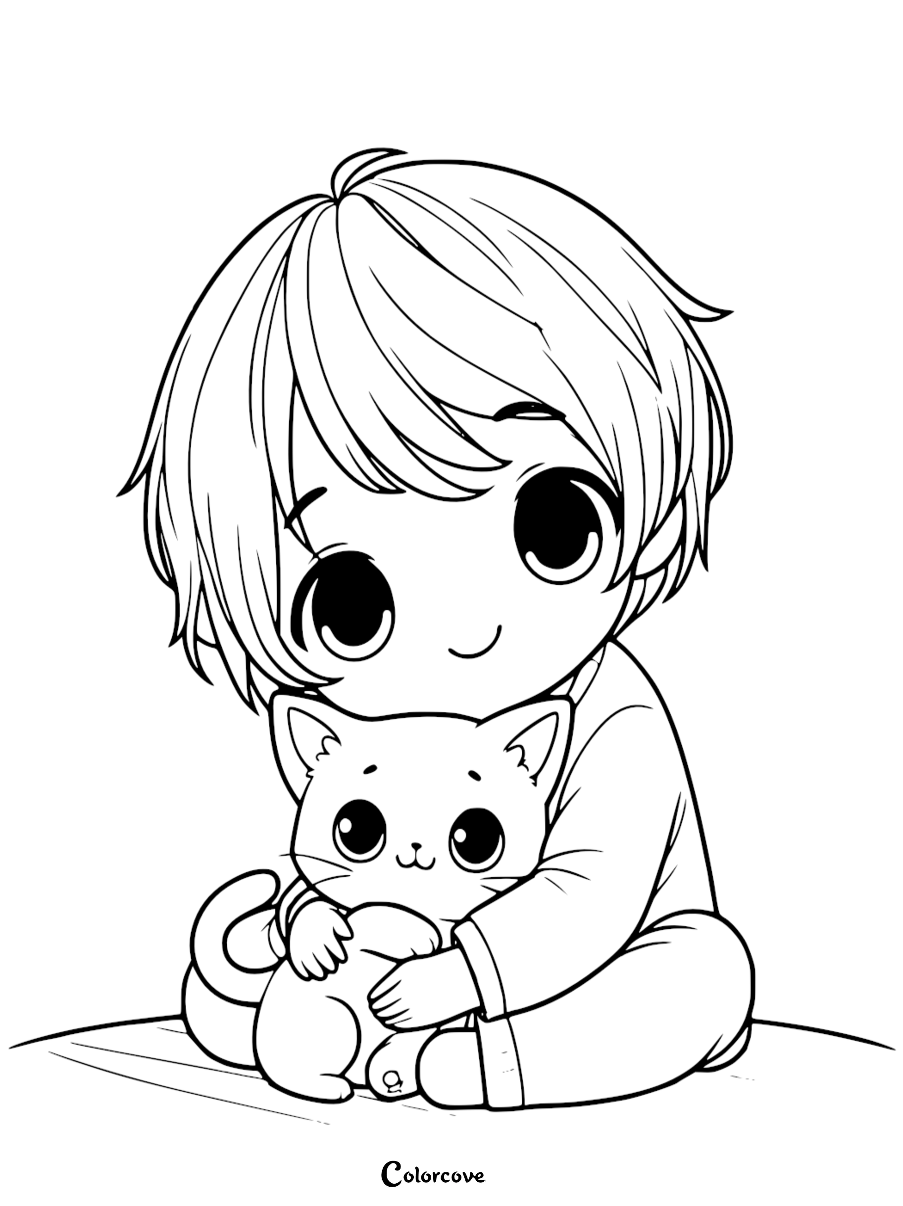 A cute chibi-style little boy hugging a small kitten coloring page for kids, perfect for animal lovers and coloring enthusiasts.