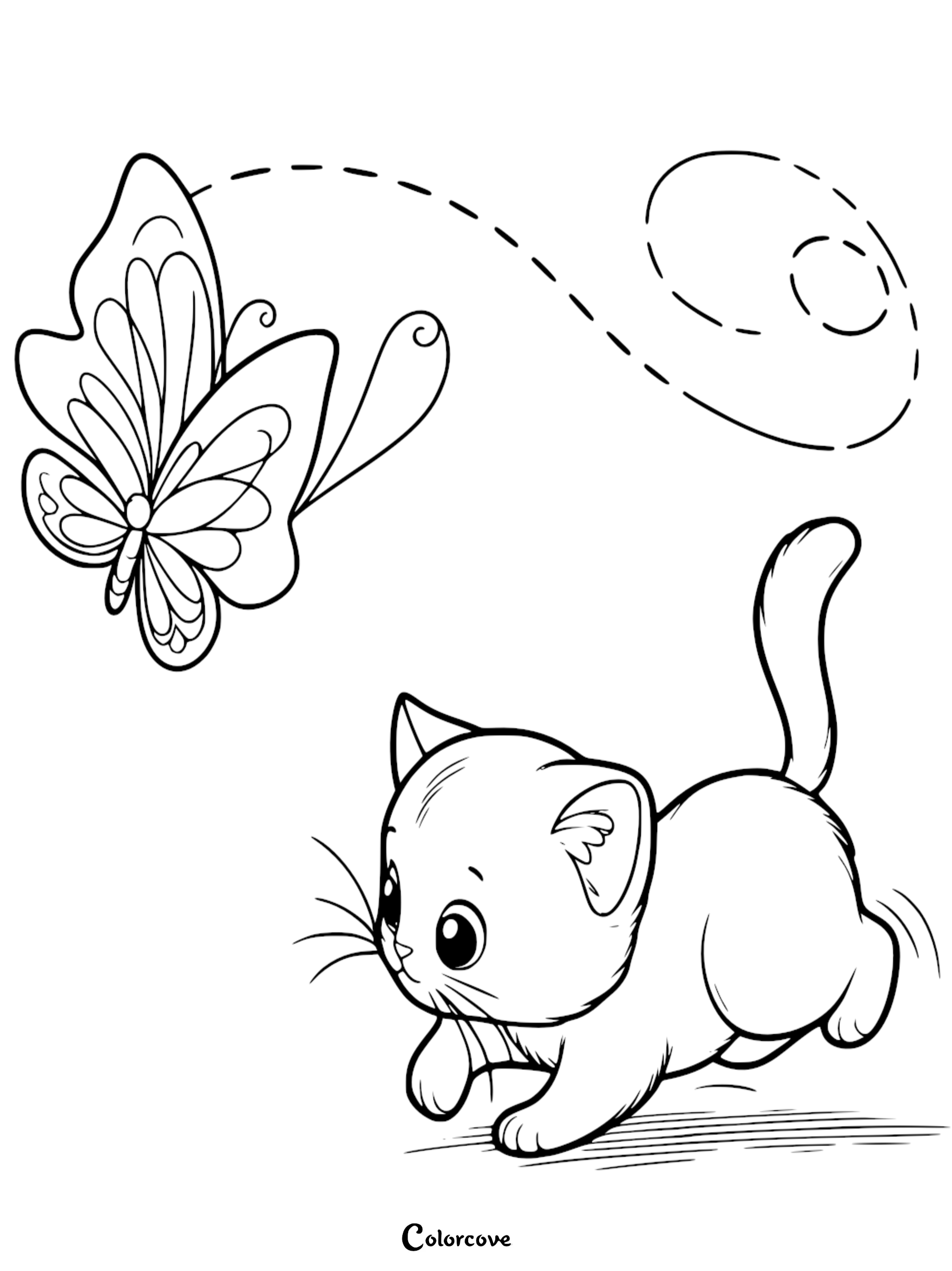 A playful baby kitten chasing a beautiful butterfly coloring page for kids and preschool children.