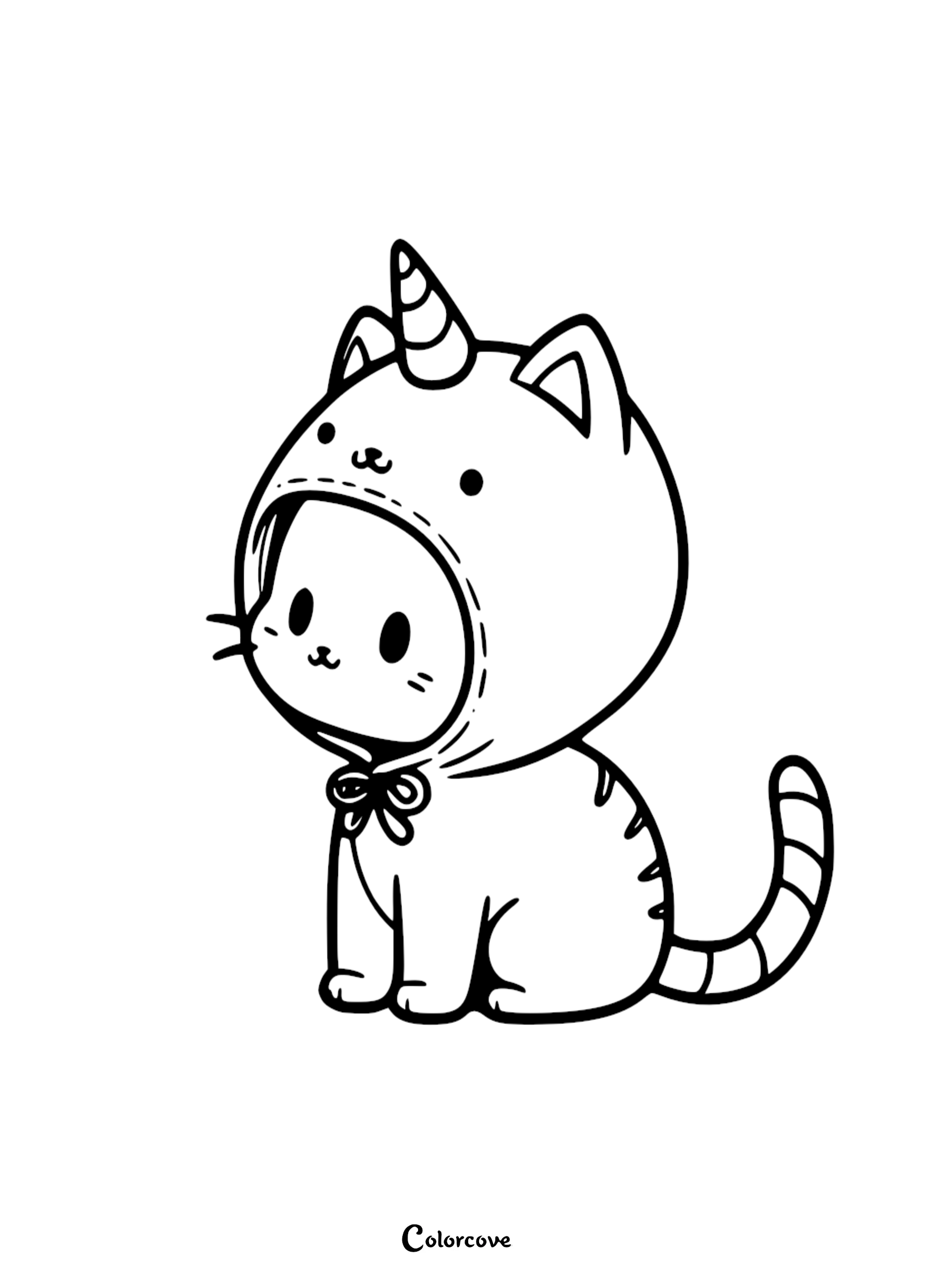 A cute cartoon kitten wearing a unicorn hood coloring page for kids with simple black and white line art.