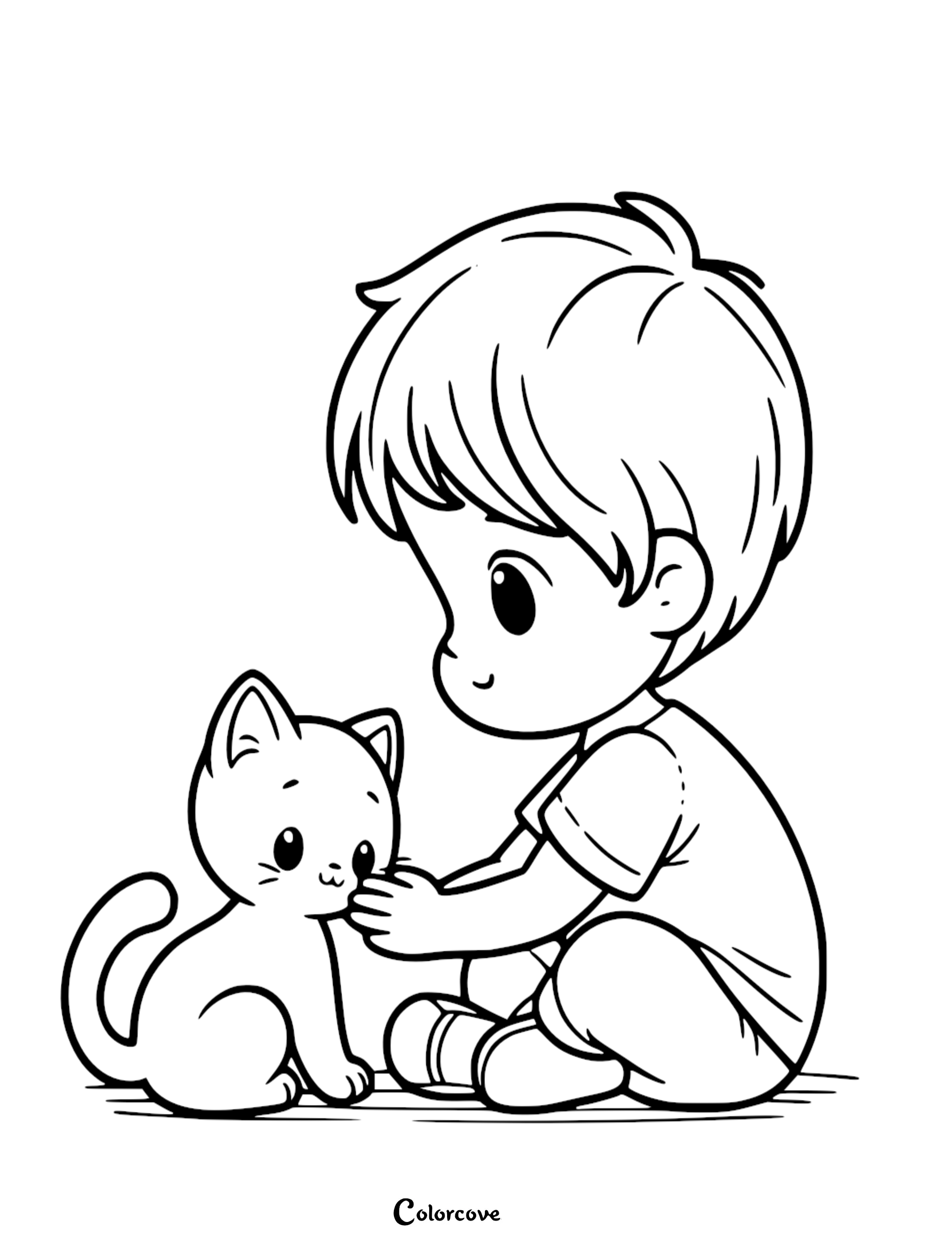 A cute cartoon boy sitting on the floor and gently petting a small kitten, simple line art coloring page for kids and animal lovers.