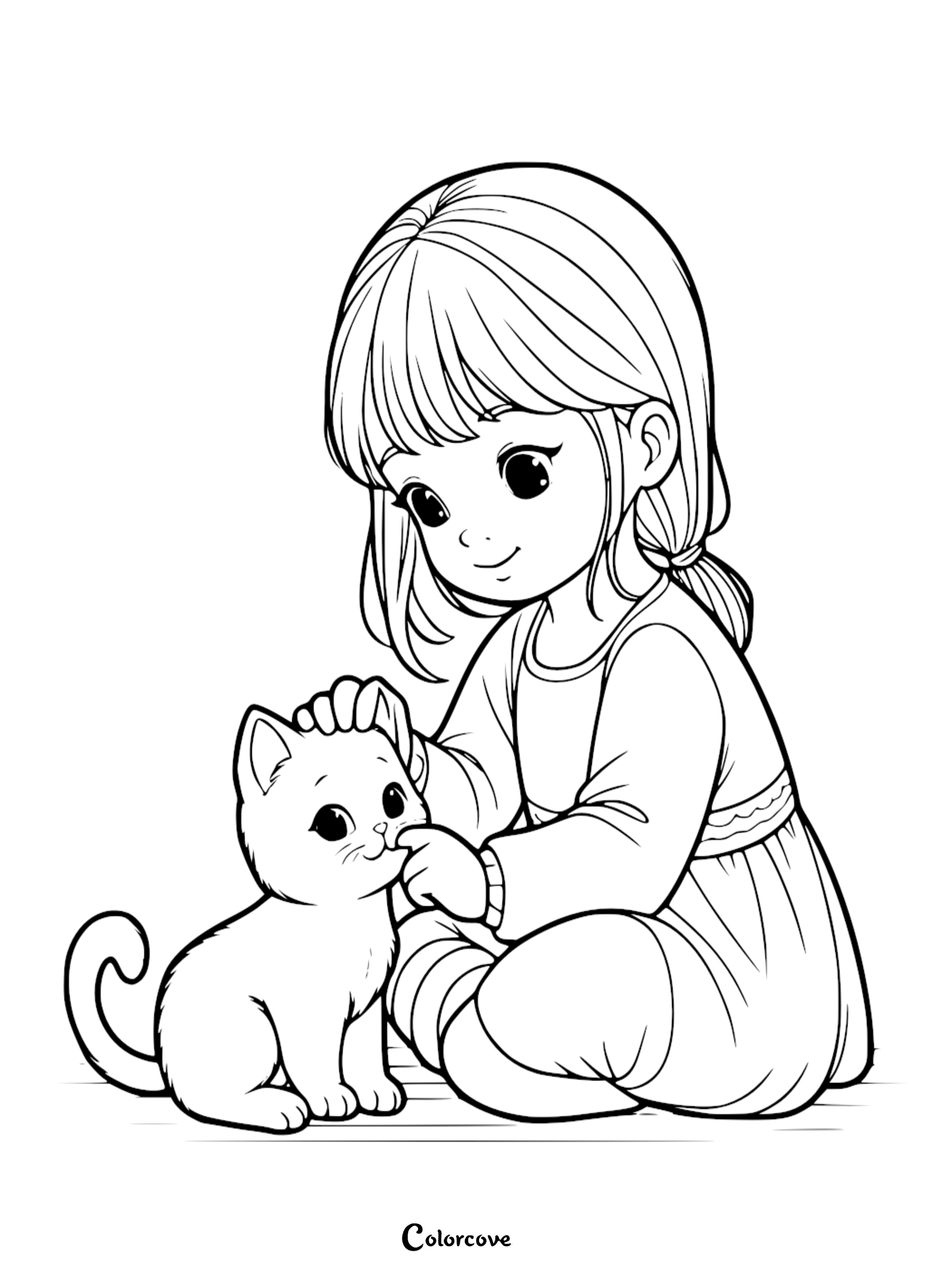 A sweet little girl with big eyes petting a tiny kitten coloring page, perfect for kids who love animals and printable cat coloring sheets.