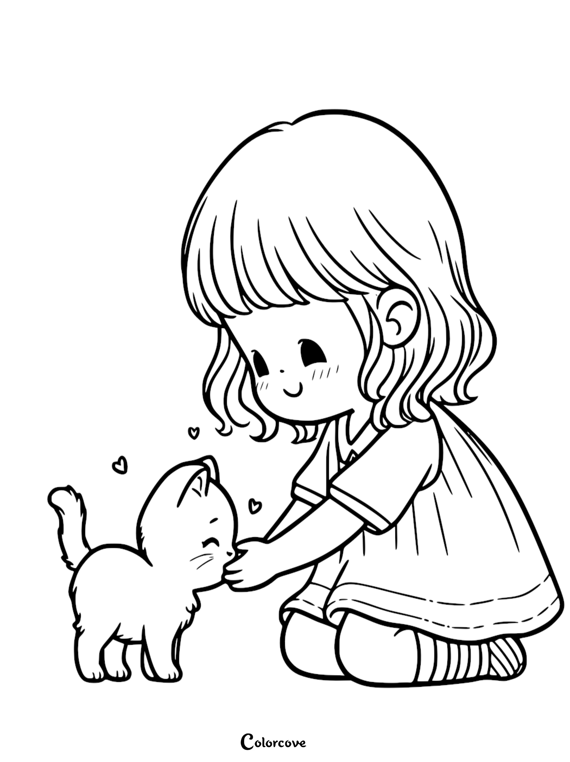 A sweet little girl kneeling and gently petting a cute kitten with floating hearts, high-quality printable coloring page for children.