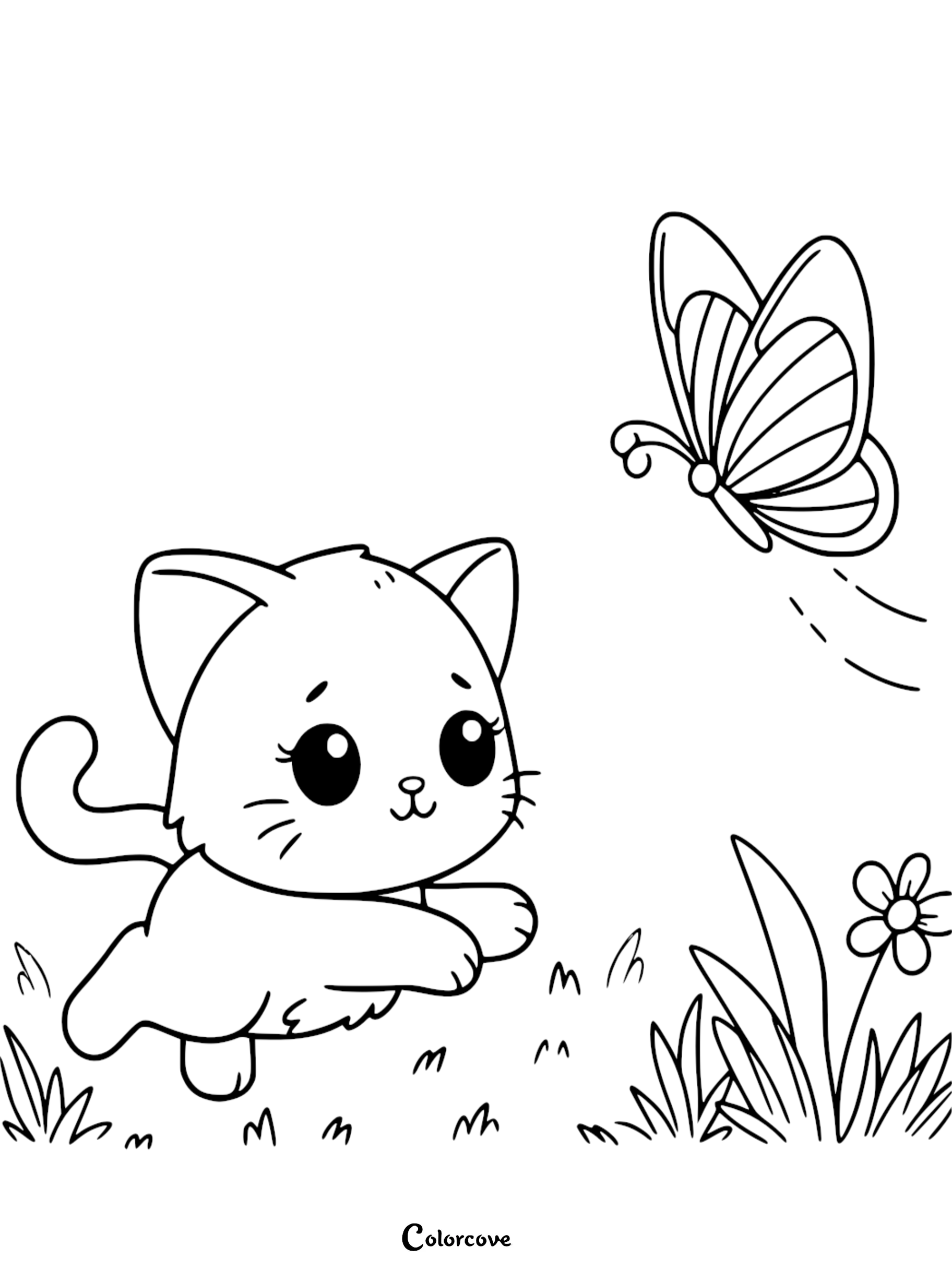 A cute cartoon kitten chasing a butterfly in a meadow coloring page for kids and toddlers.