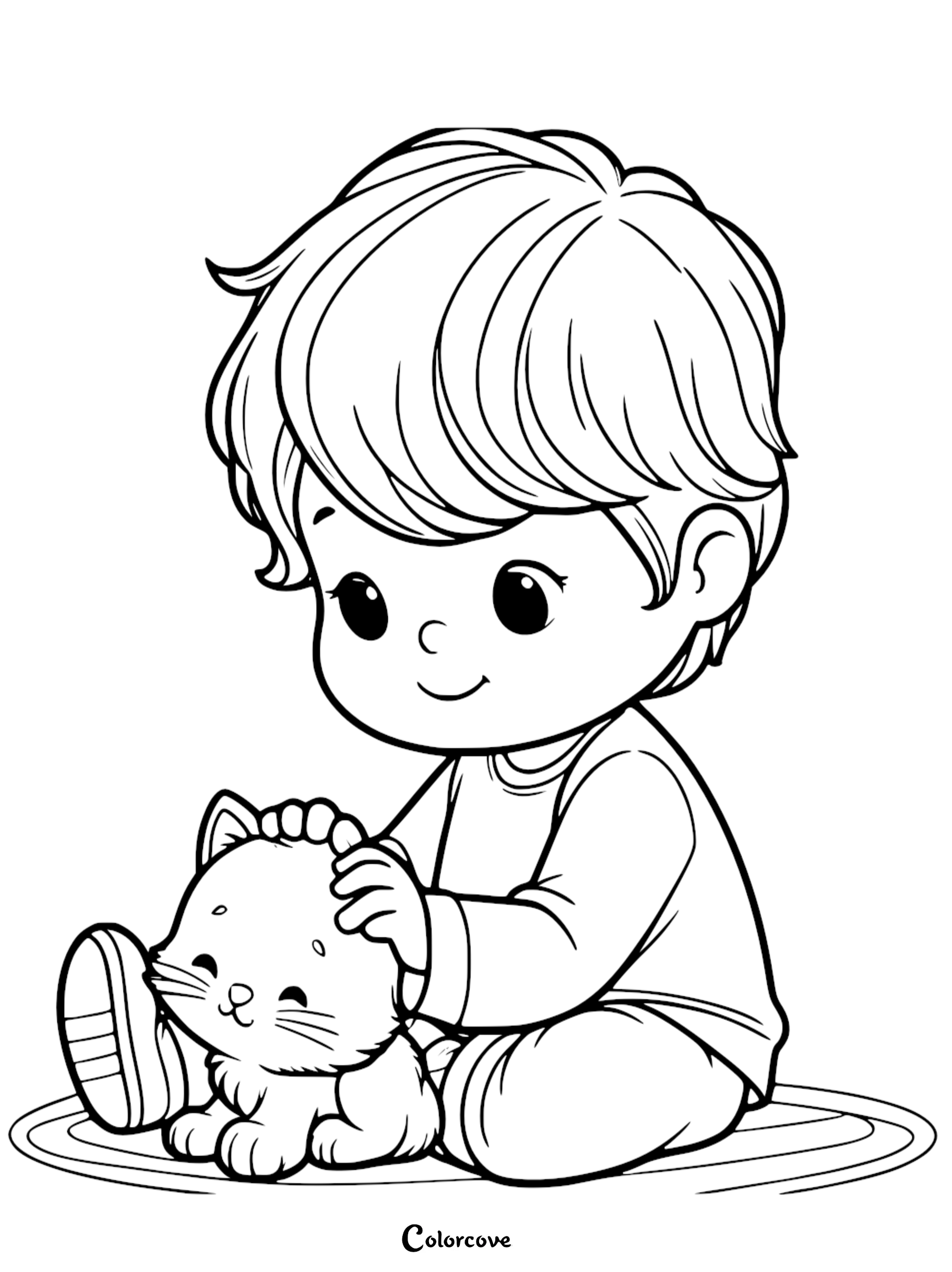 A cute little boy petting a small kitten coloring page for kids, printable pet themed line art.