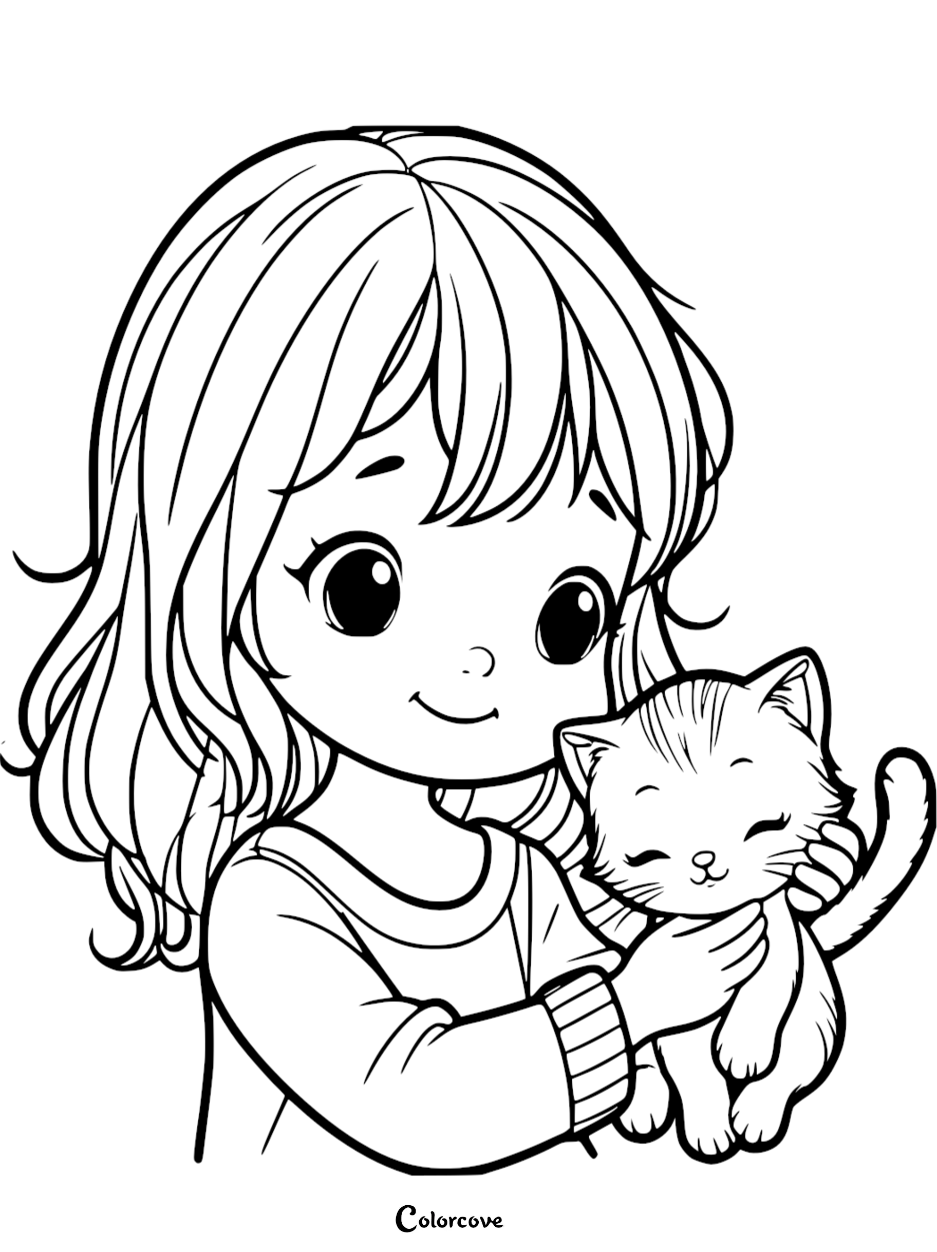 An adorable anime-style little girl with wavy hair holding a cute kitten coloring page for kids