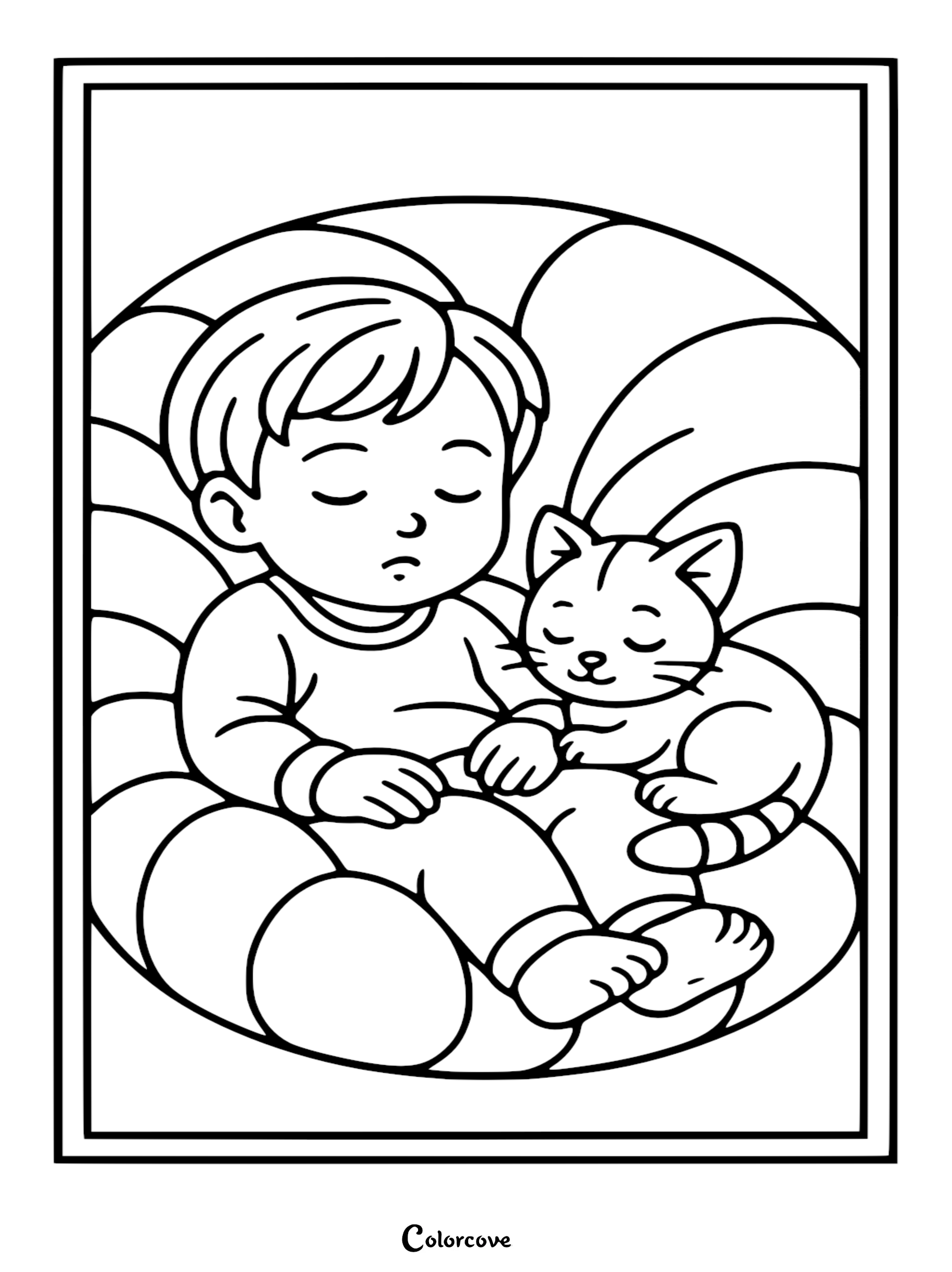 Capture a moment of pure serenity with this free printable coloring page of a cute kitten and a young boy napping together. Perfect for kids and cat lovers, this easy-to-print sheet provides a heartwarming activity for creative relaxation.