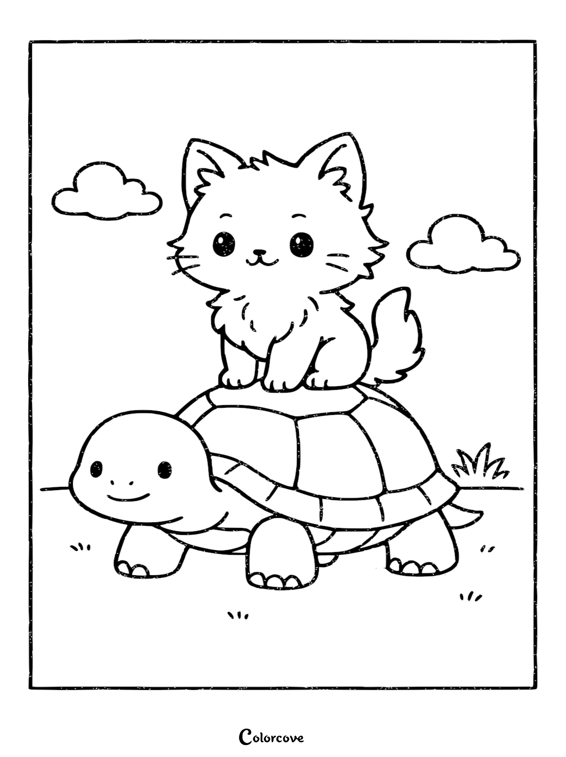 Download this adorable coloring page of a cute kitten hitched on a turtle's shell for a fun afternoon activity. This free printable sheet is perfect for young artists who love animal adventures.