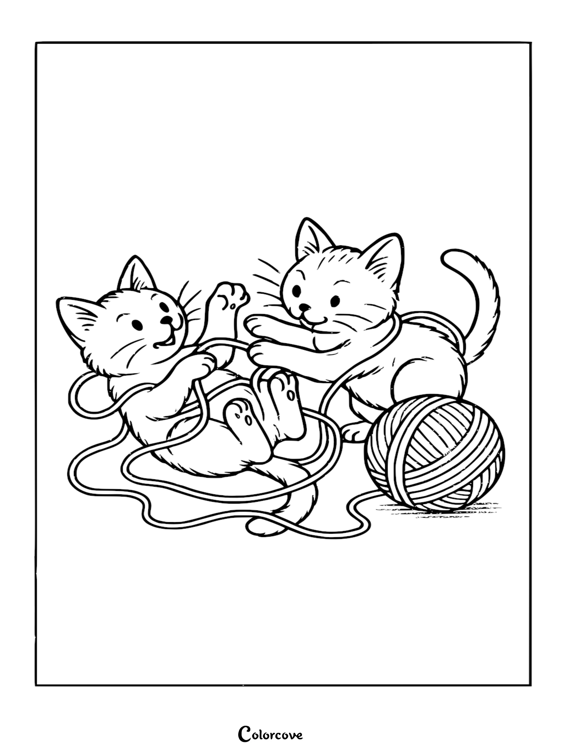 Download this adorable coloring page of two cute kittens playing with a ball of yarn, perfect for kids who love cats. This free, printable activity is a great way to spark creativity and provides instant entertainment.