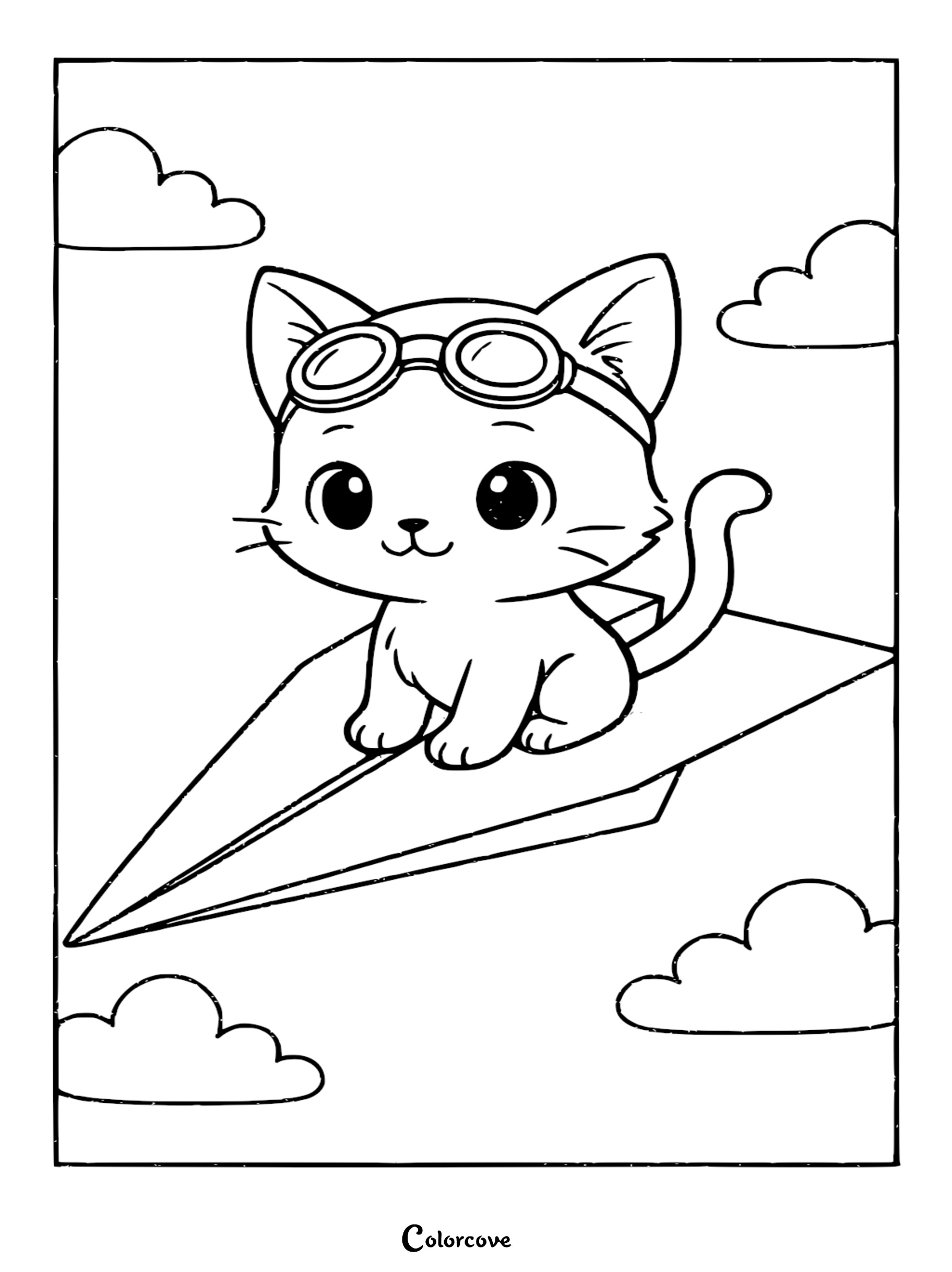 Let your child's imagination take flight with this adorable cute kitten on a paper airplane coloring page. Download and print this high-quality kitty aviator illustration for hours of creative coloring fun.