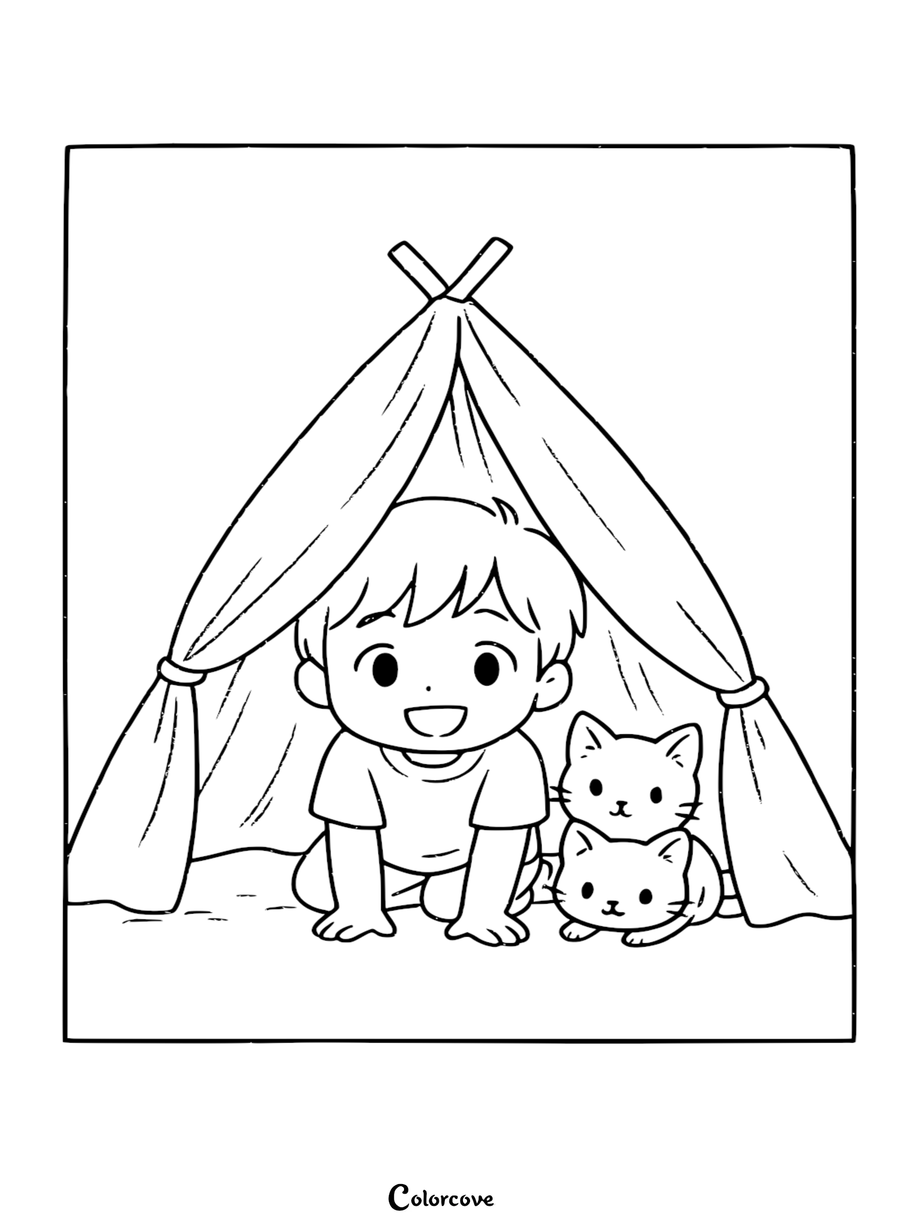 Enjoy a cozy indoor adventure with this free printable coloring page featuring a boy and two cute kittens playing in a teepee tent. Perfect for kids who love animals, this adorable scene is ready to be brought to life with color in just seconds.