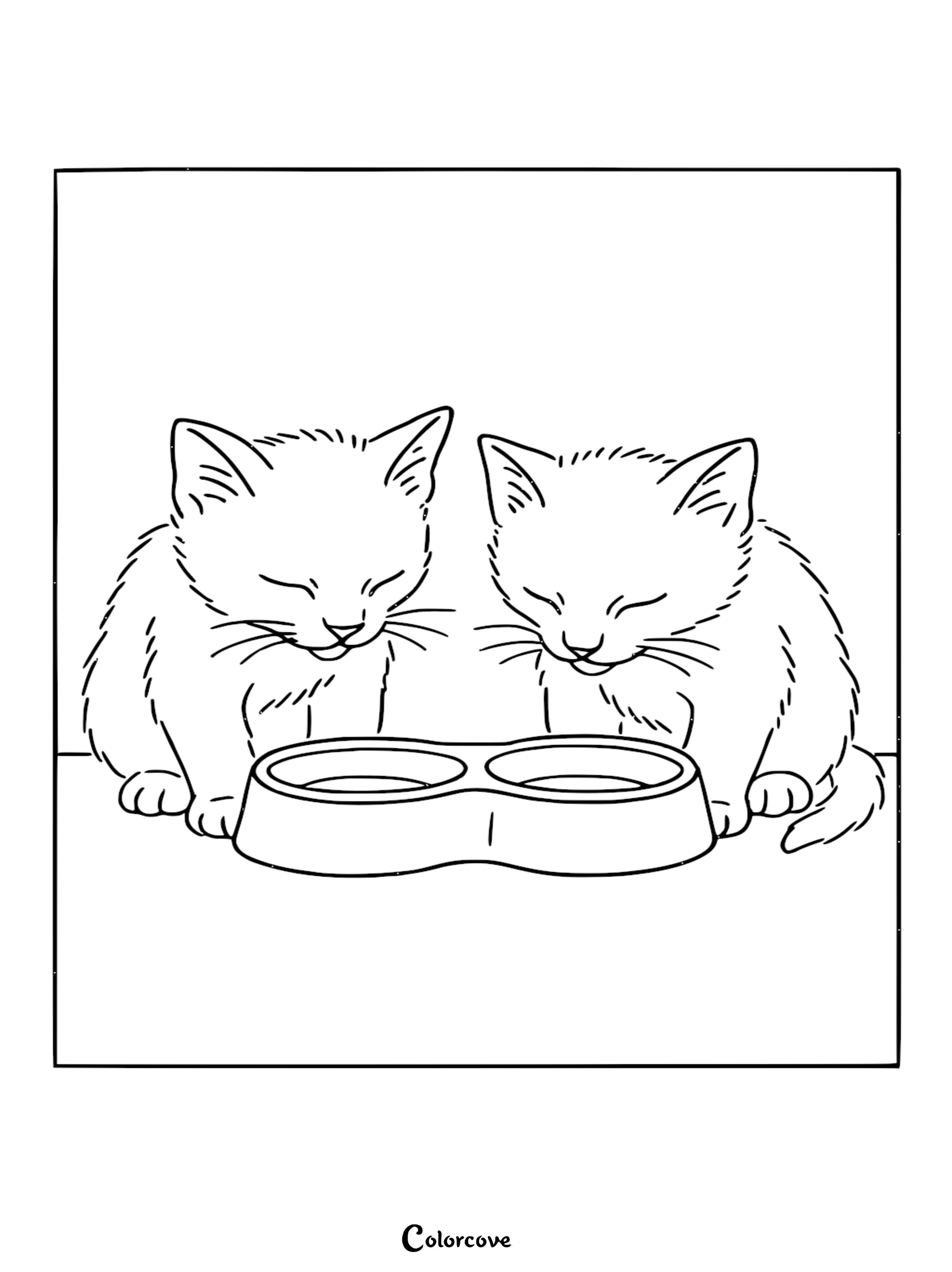 Download and print this adorable coloring page featuring two cute kittens enjoying their meal together. This free kitten coloring sheet is a wonderful activity for children to explore their artistic side with their favorite pets.