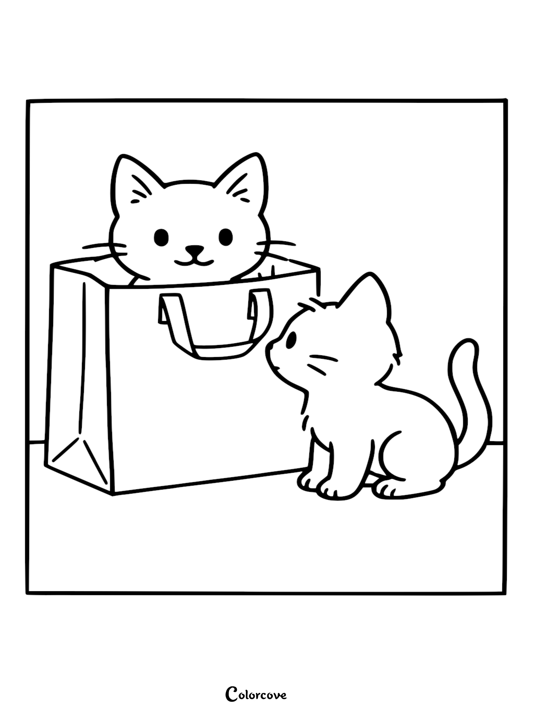 Download this free cute kitten coloring page featuring two playful cats and a gift bag. This easy-to-print activity is perfect for young animal lovers looking for a fun and simple craft.