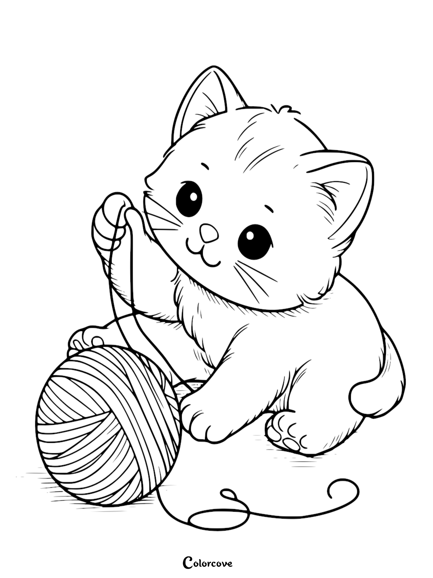 A cute fluffy kitten playing with a ball of yarn coloring page for kids and cat lovers.