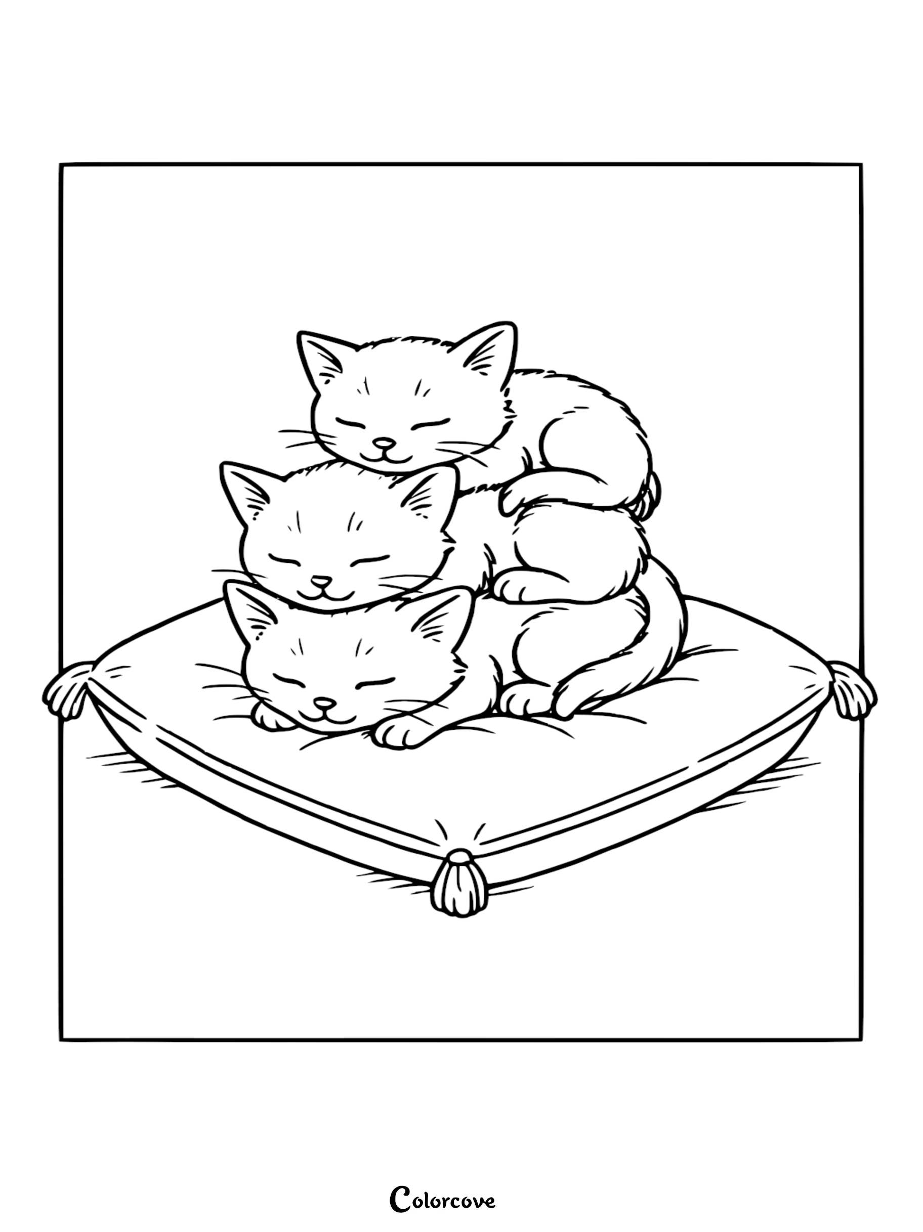 Bring this adorable scene to life with our free printable coloring page featuring three kittens napping together on a pillow. Perfect for kids and cat enthusiasts, this cute kitten coloring page is easy to download and print.