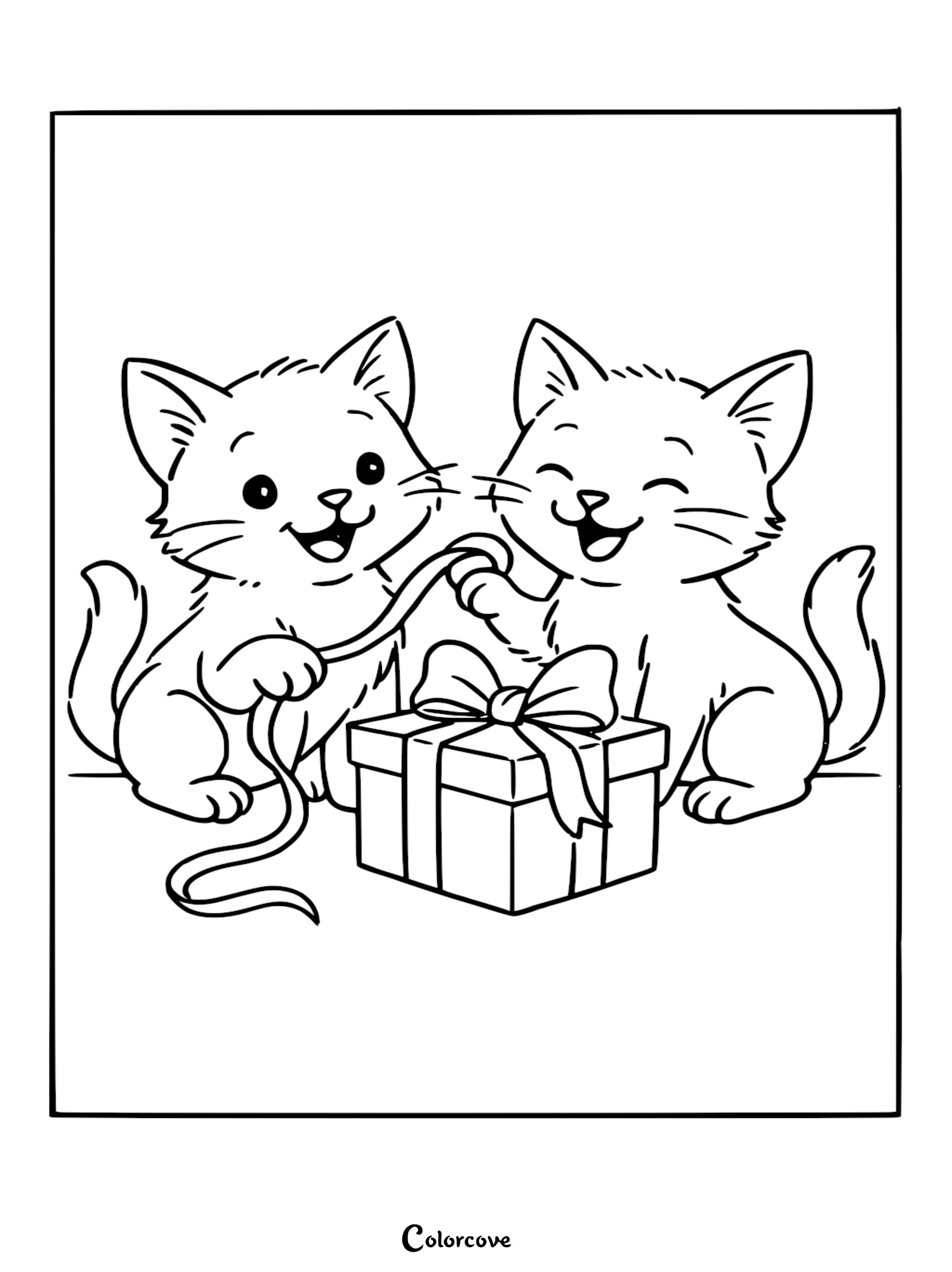 Download and print this adorable coloring page featuring two cute kittens joyfully opening a gift box. It’s a perfect, free activity for children who love cats and festive surprises.