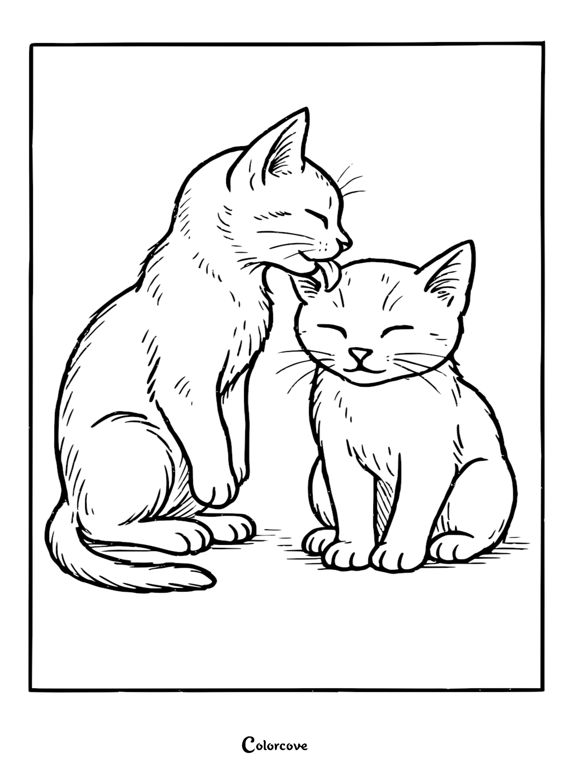 Bring this sweet scene to life with our free printable cute kitten grooming coloring page. This heart-warming illustration of two kittens is perfect for young artists and cat lovers of all ages.