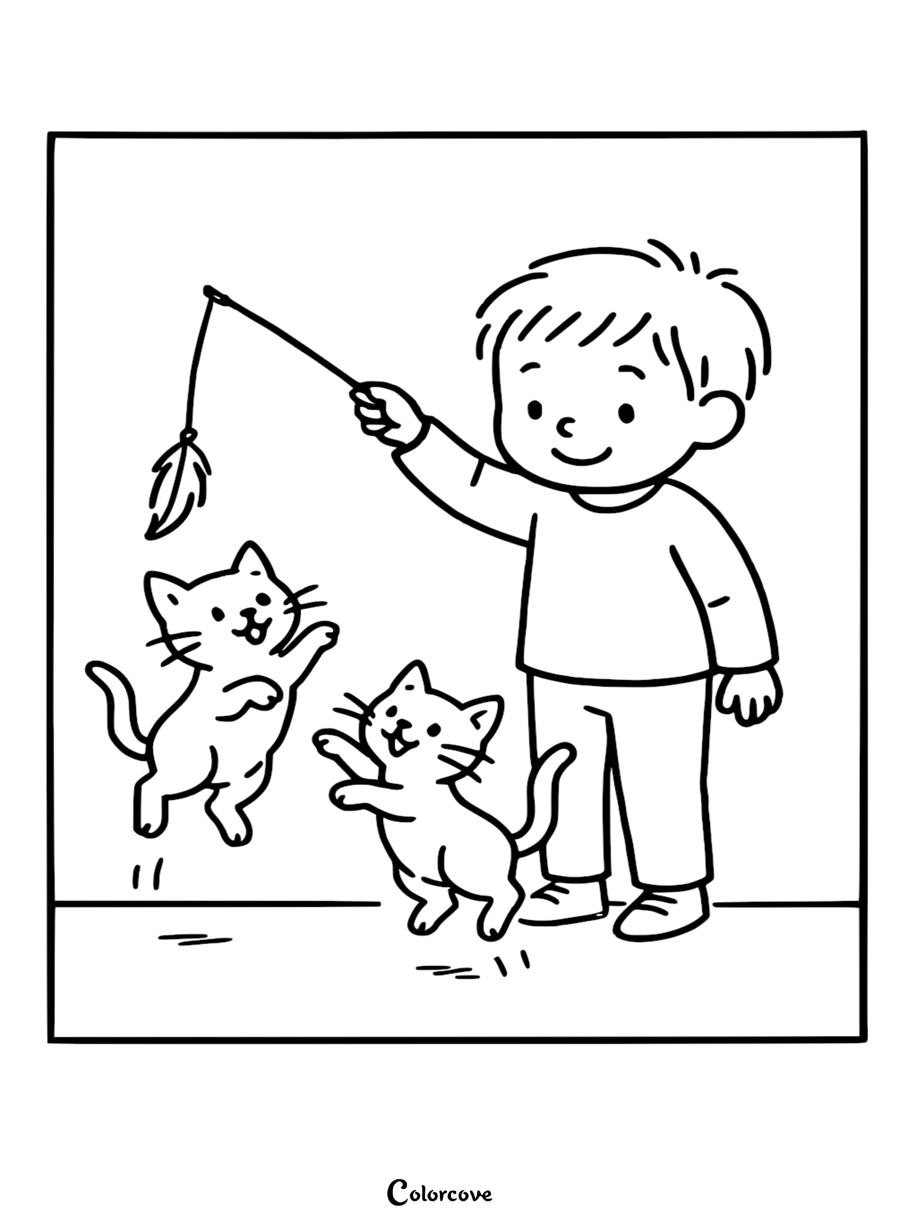 Download and print this adorable coloring page featuring a young boy playing with two cute kittens. It's a fun and free creative activity perfect for animal lovers of all ages.