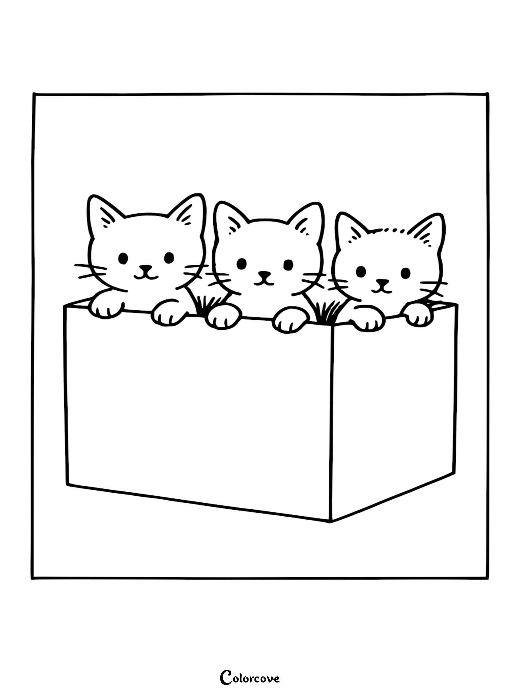 This adorable coloring page features three little kittens huddled together in a cozy cardboard box. It's a perfect, easy-to-print activity for young cat lovers to express their creativity with color.