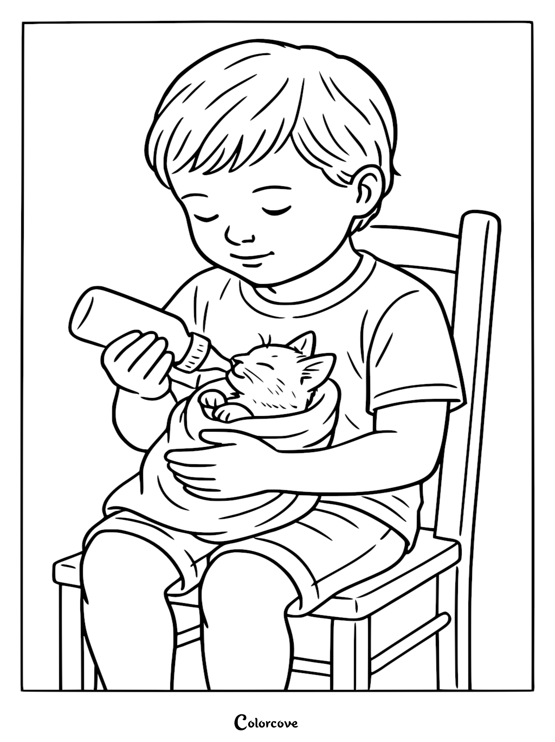 Bring this tender moment to life with our free printable coloring page featuring a boy caring for a tiny kitten. Perfect for young animal lovers, this cute kitten coloring page is easy to download and print in seconds.