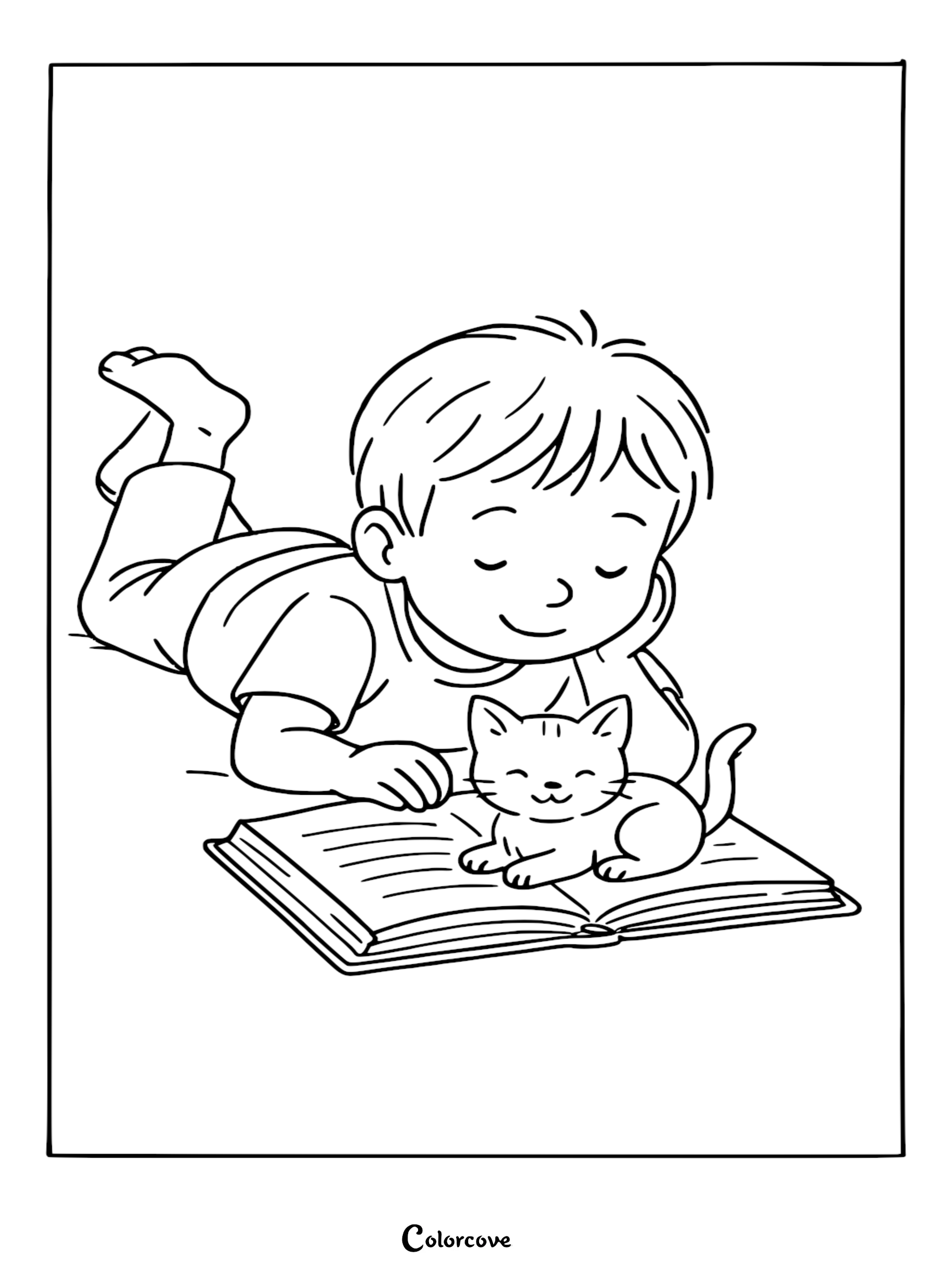 Download and print this heartwarming coloring page of a cute kitten and a boy reading together. This free, high-quality printable is a perfect activity for children who love animals and stories.
