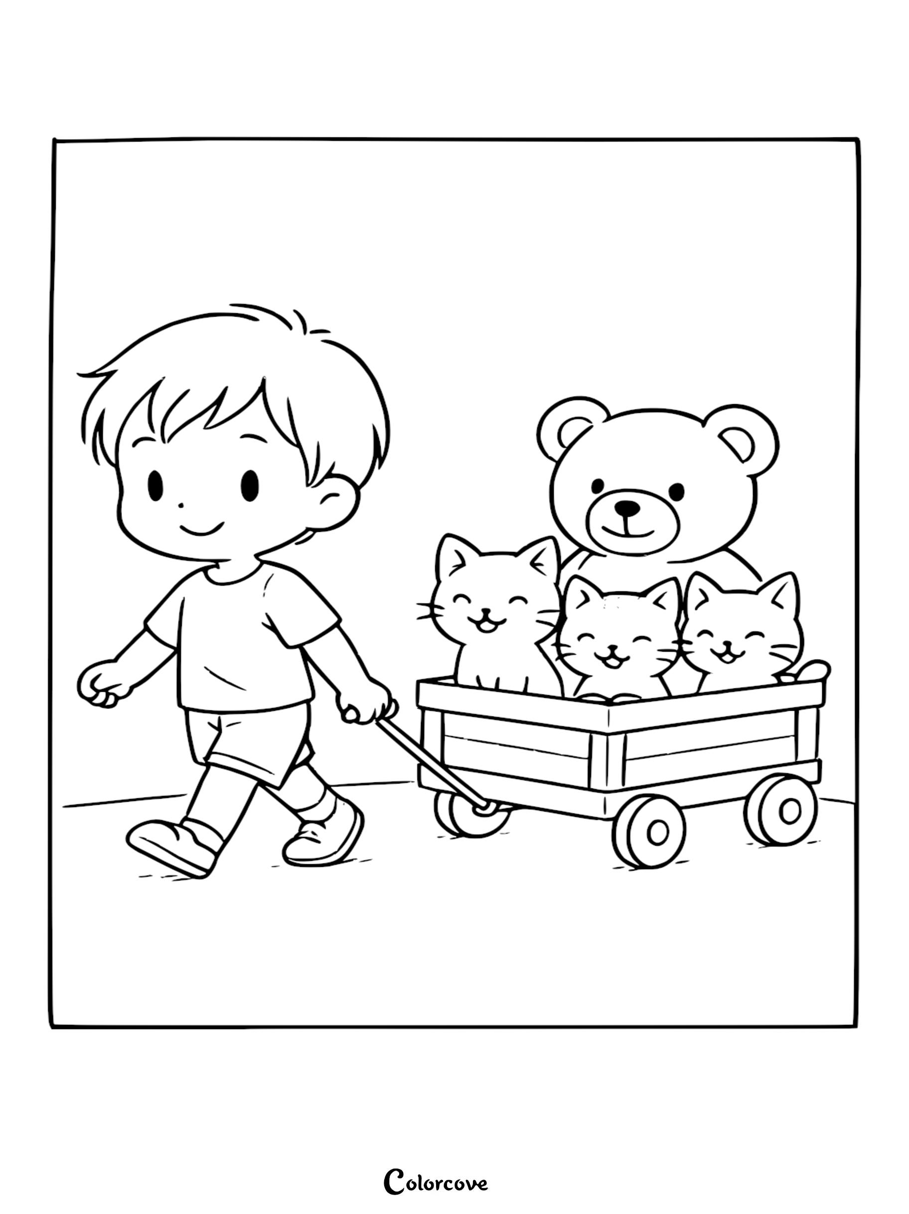 Bring this heartwarming scene to life with our free printable coloring page featuring a boy and his cute kittens in a wagon. It's the perfect creative activity for kids who love animals and outdoor play!