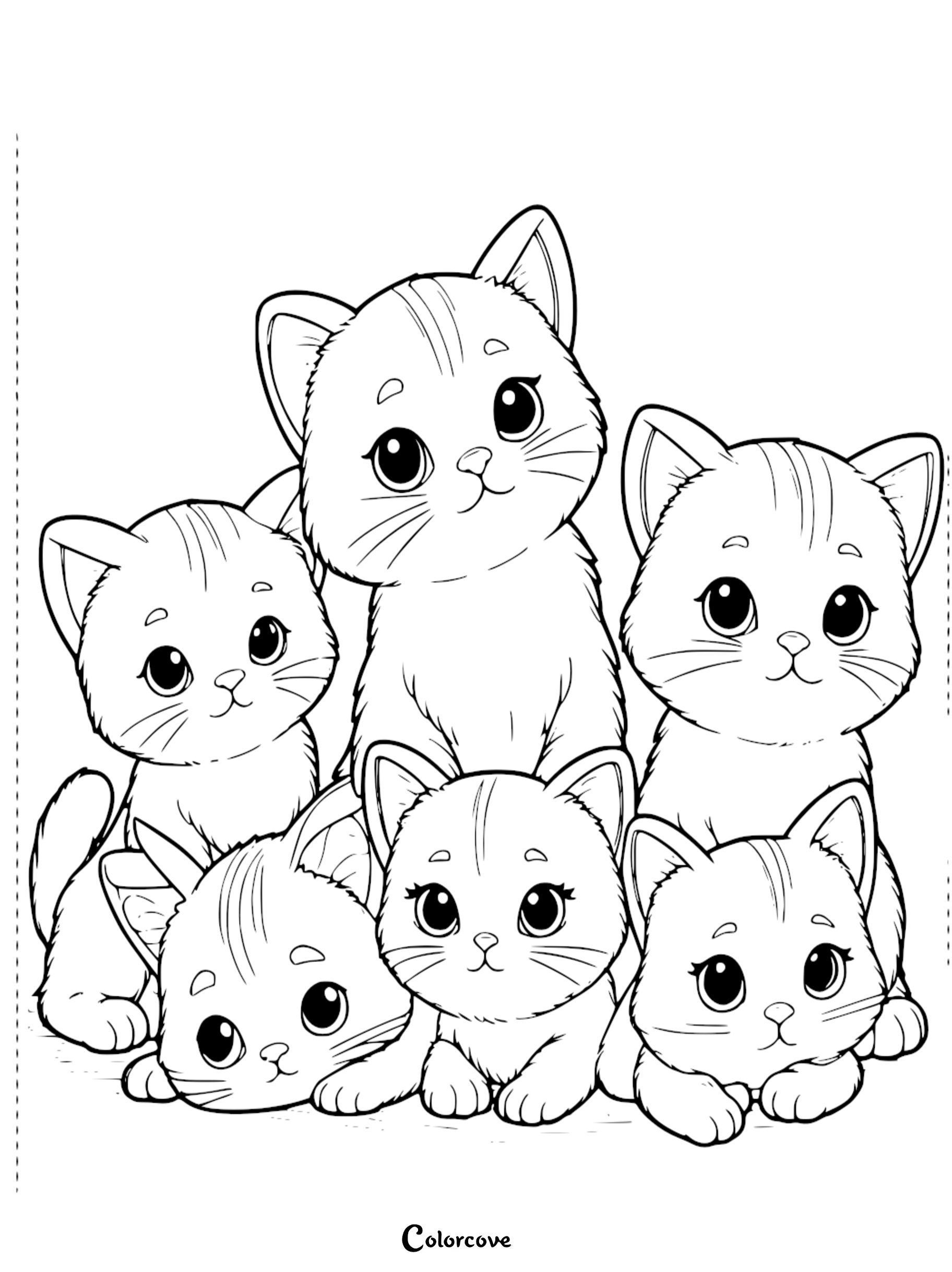 A printable coloring page for kids featuring a group of five cute and adorable kittens with big expressive eyes.