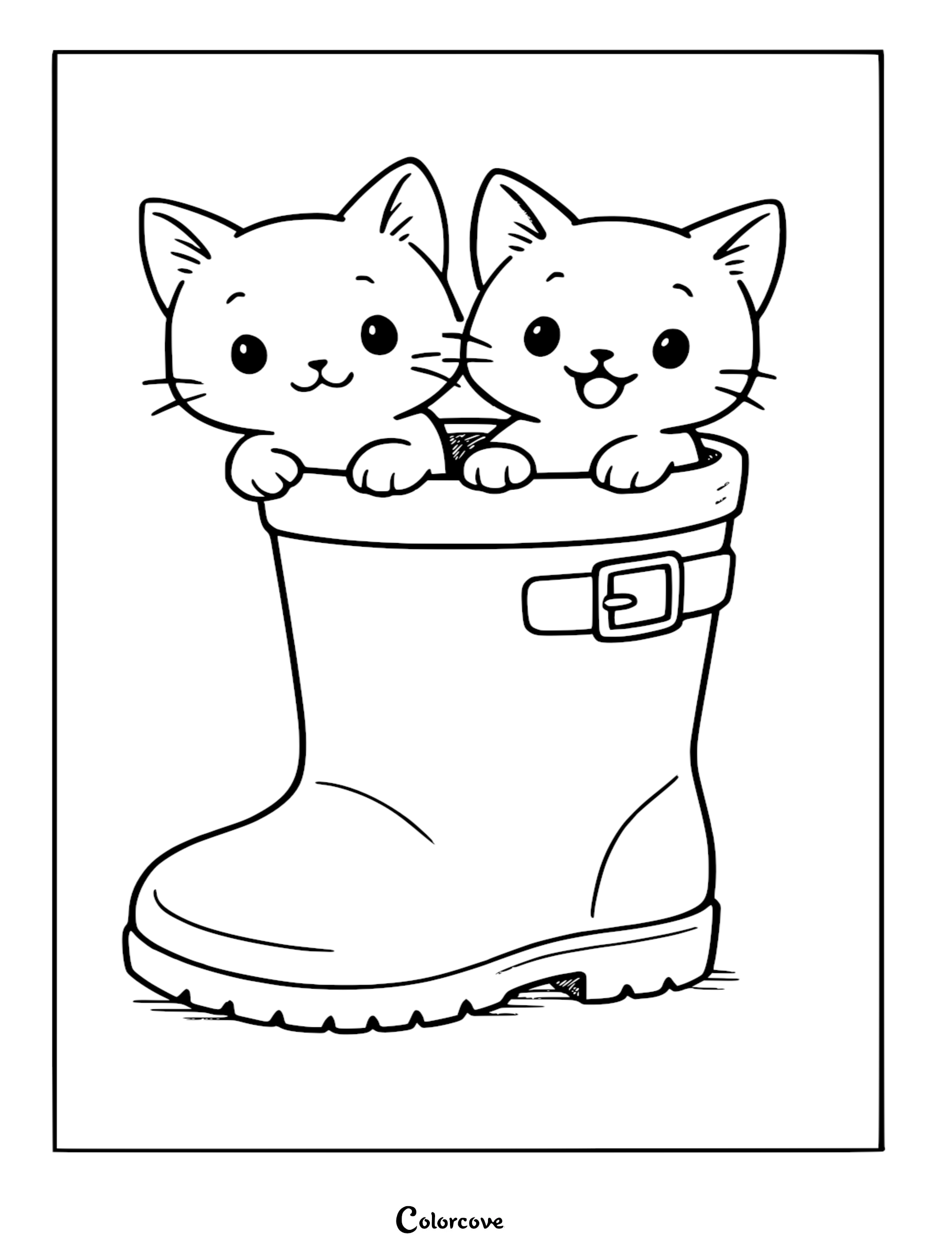 Download and print this charming coloring page featuring two cute kittens hiding inside a boot. It is a fun and free creative activity perfect for children who love animals and kittens.
