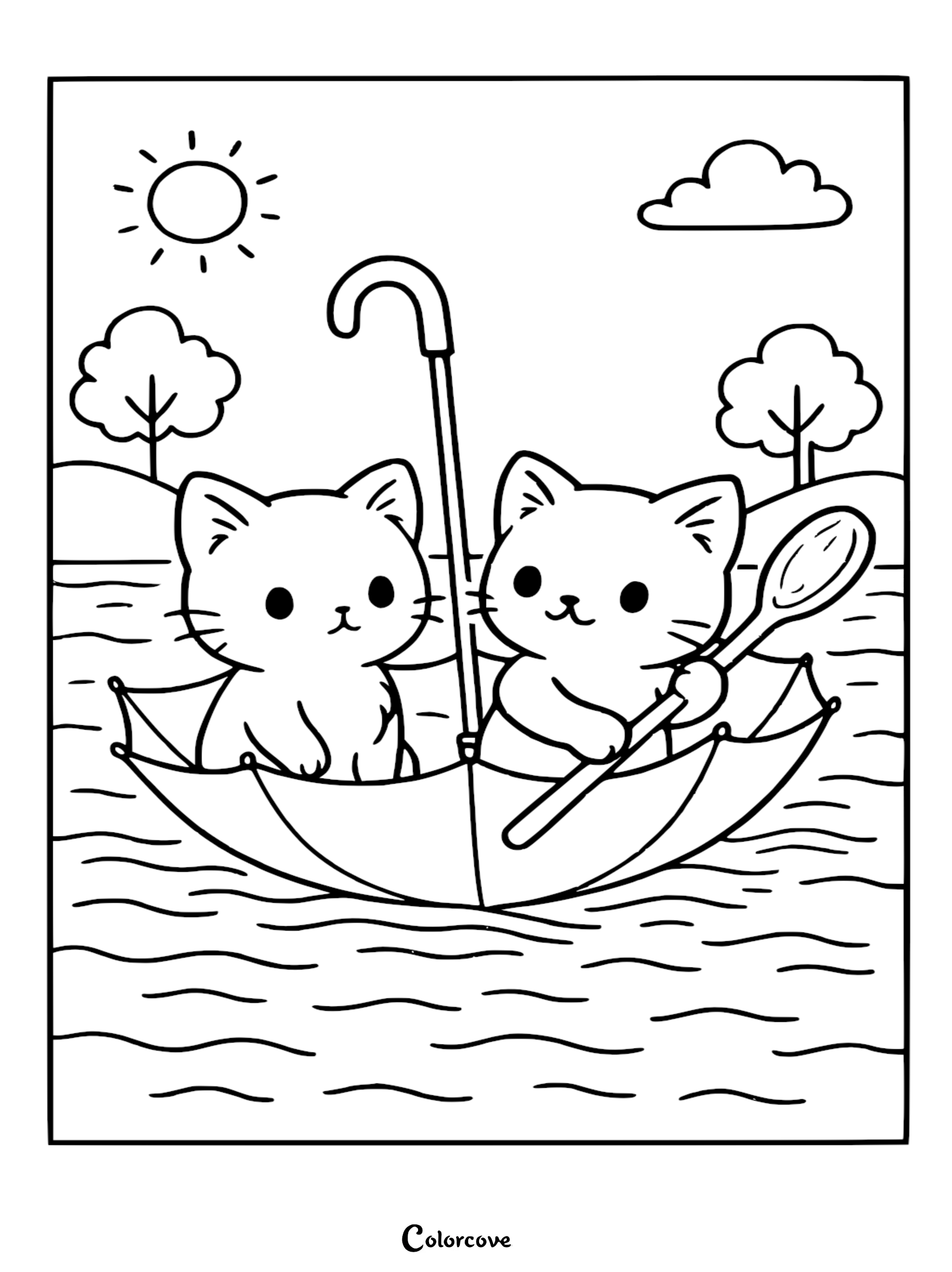 Let your child's creativity set sail with this adorable free printable coloring page of two cute kittens on an umbrella boat adventure. Perfect for cat lovers of all ages to download and color at home.