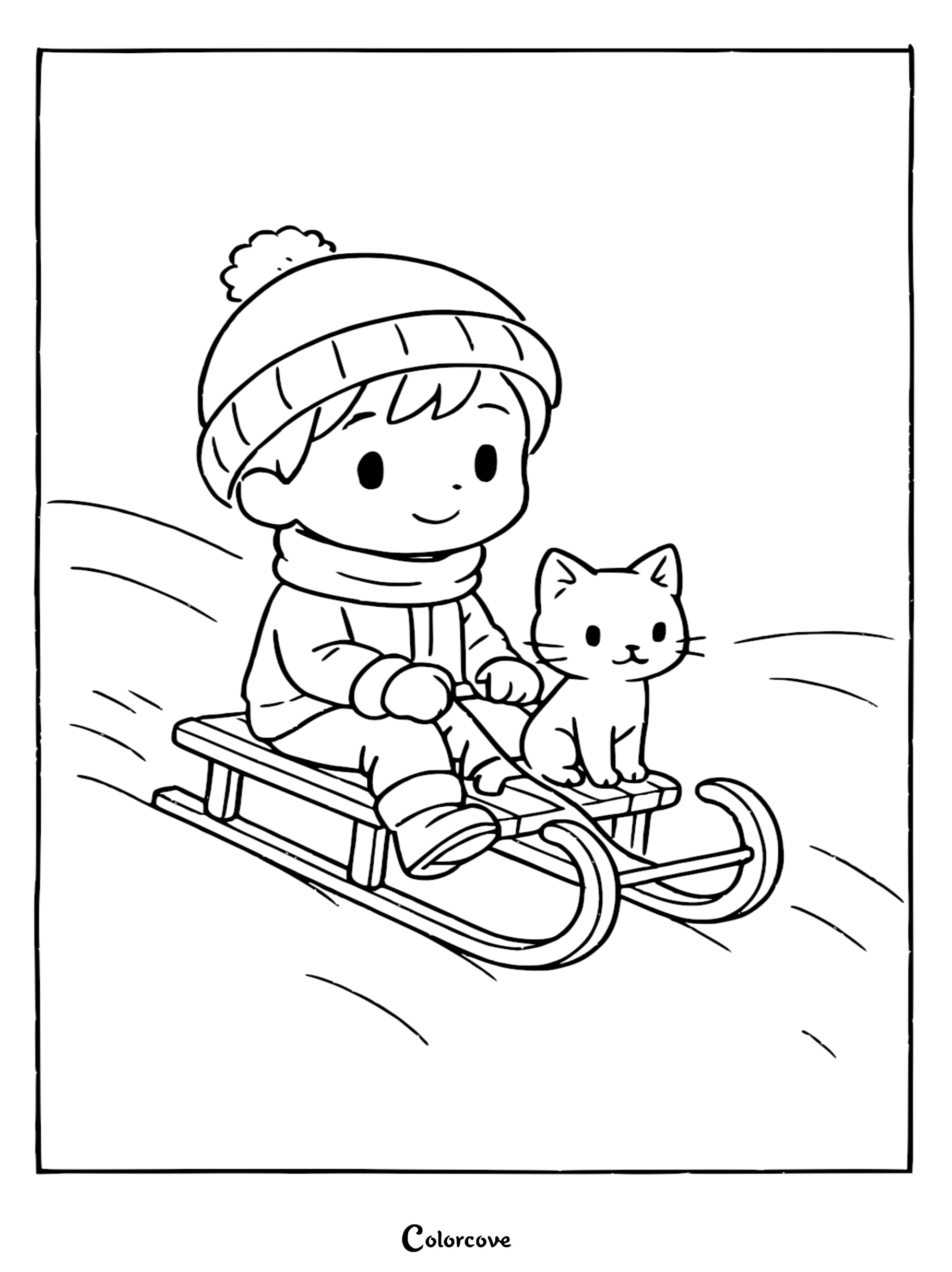 Bring this charming winter scene to life with our free printable cute kitten and boy sledding coloring page. Perfect for kids who love animals and snowy adventures, this activity sheet is easy to print and color in seconds.