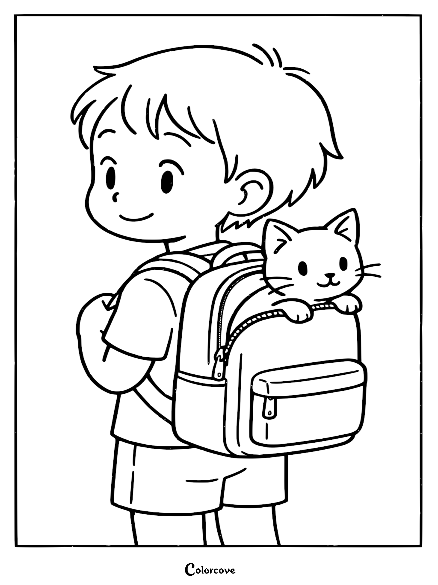 Download and print this adorable coloring page of a cute kitten hitching a ride in a backpack. It's a perfect, free activity for kids who love animals and school adventures.